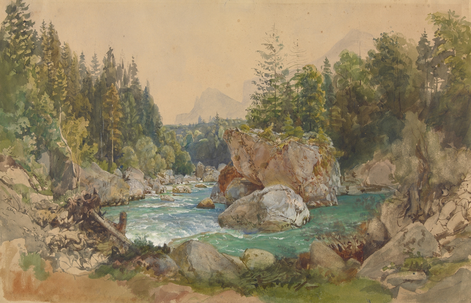 Wooded River Landscape in the Alps, by Thomas Ender, public domain