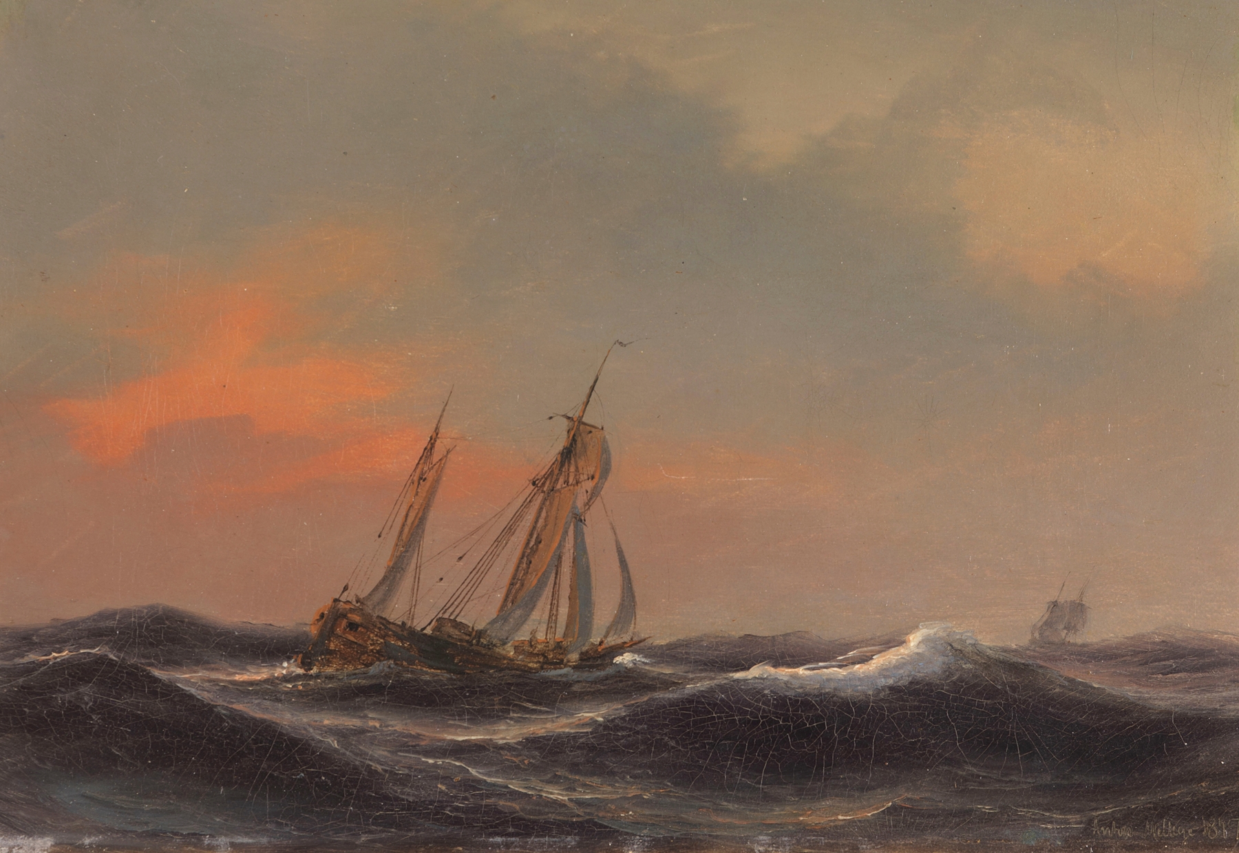 Segelschiff auf schwerer See, by Anton Melbye, public domain