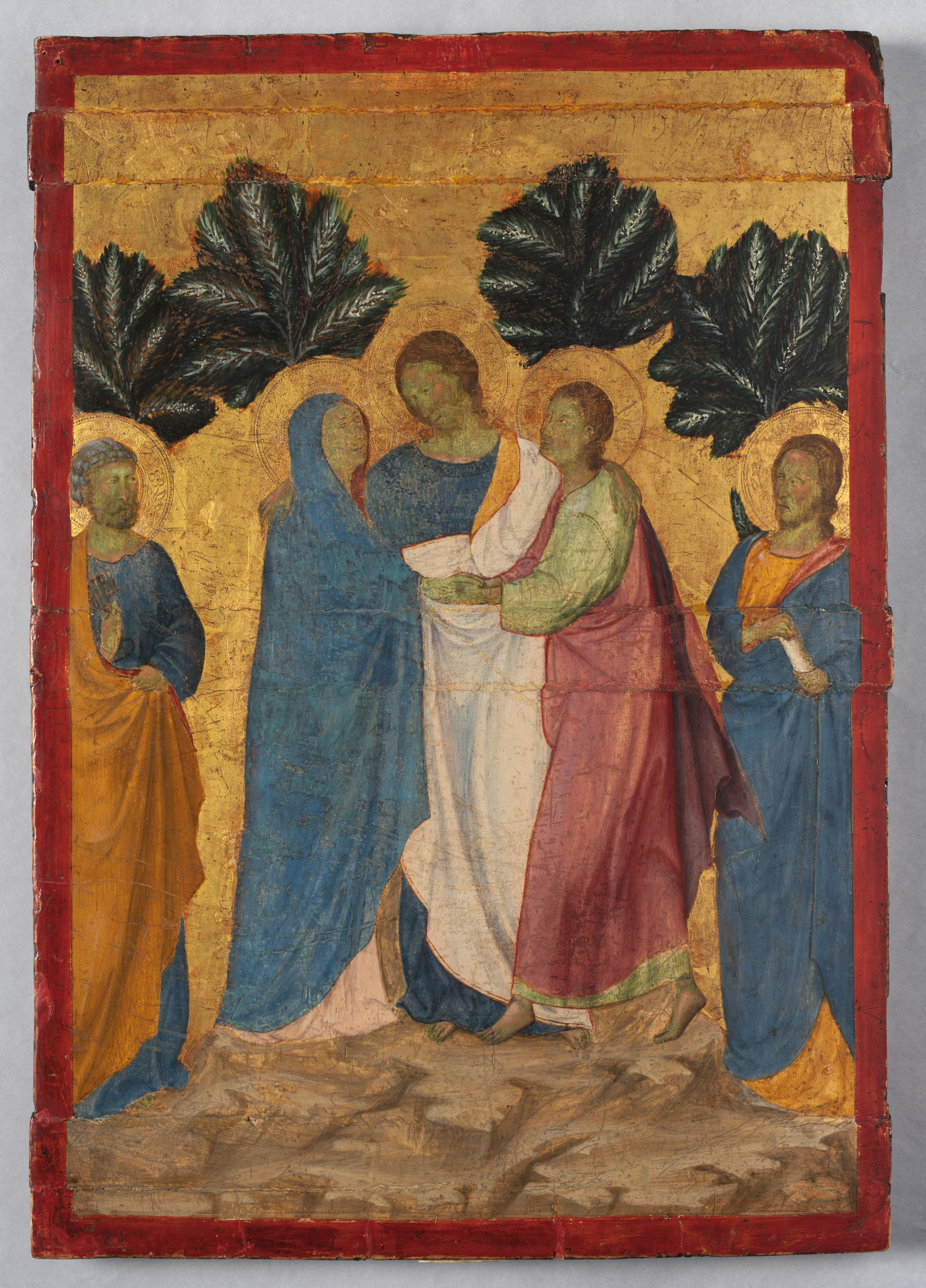 Religious wood artwork by Lippo di Benivieni depicting Christ, the Virgin, and Saints.