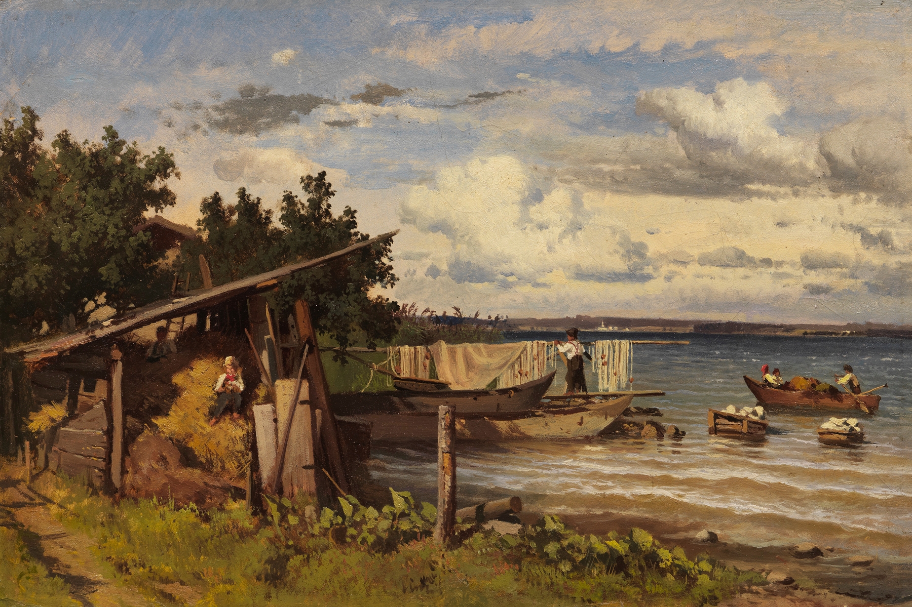 Fischer am Seeufer by Adolf Heinrich Lier, oil on canvas depicting a fisherman at sunset