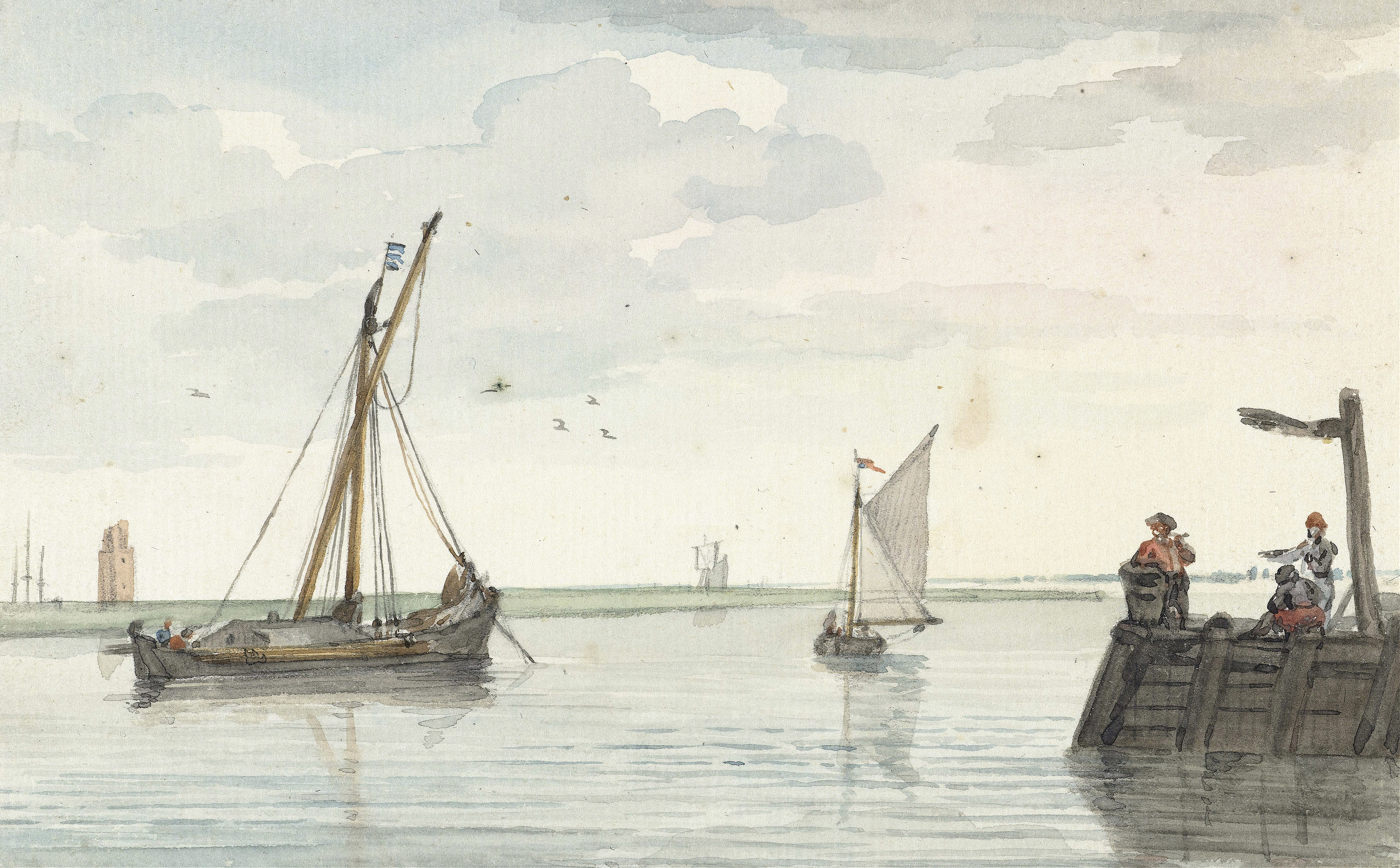 Landscape oil painting by Aert Schouman featuring a lighthouse and harbor under a muted sky