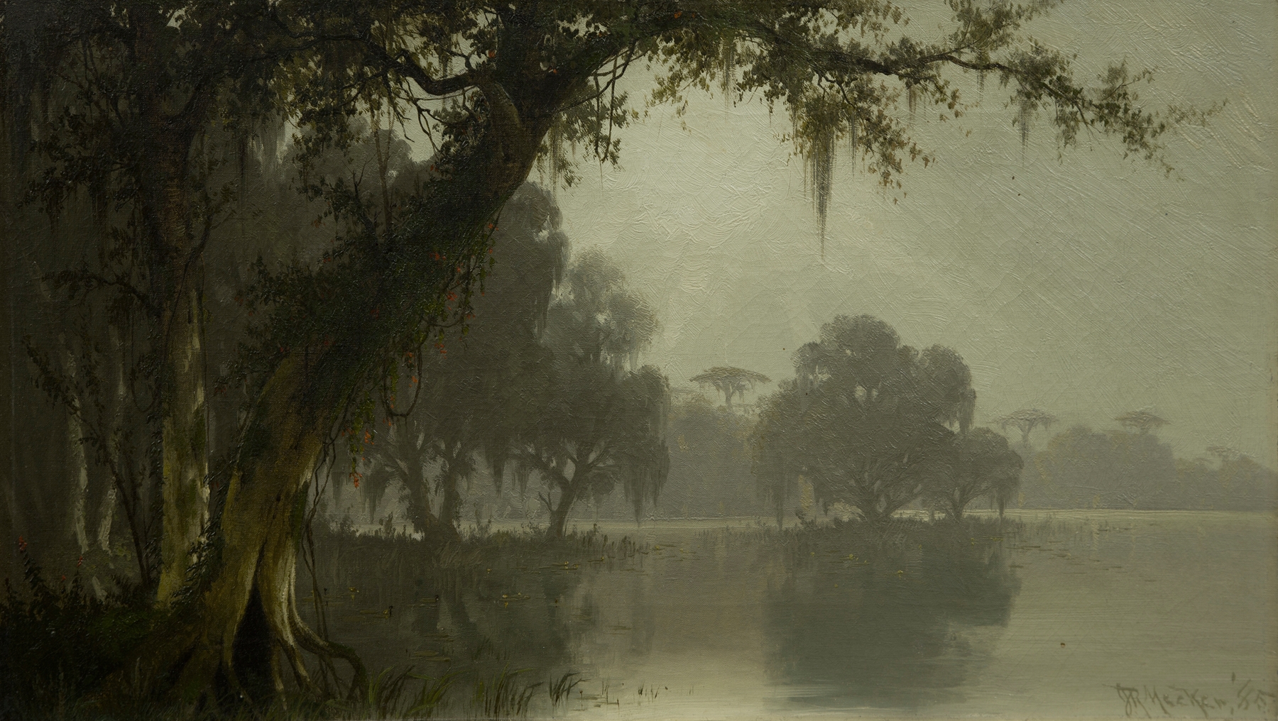 Swamp Scene by Joseph Rusling Meeker, oil on canvas depicting a reflective pool in a lush landscape.
