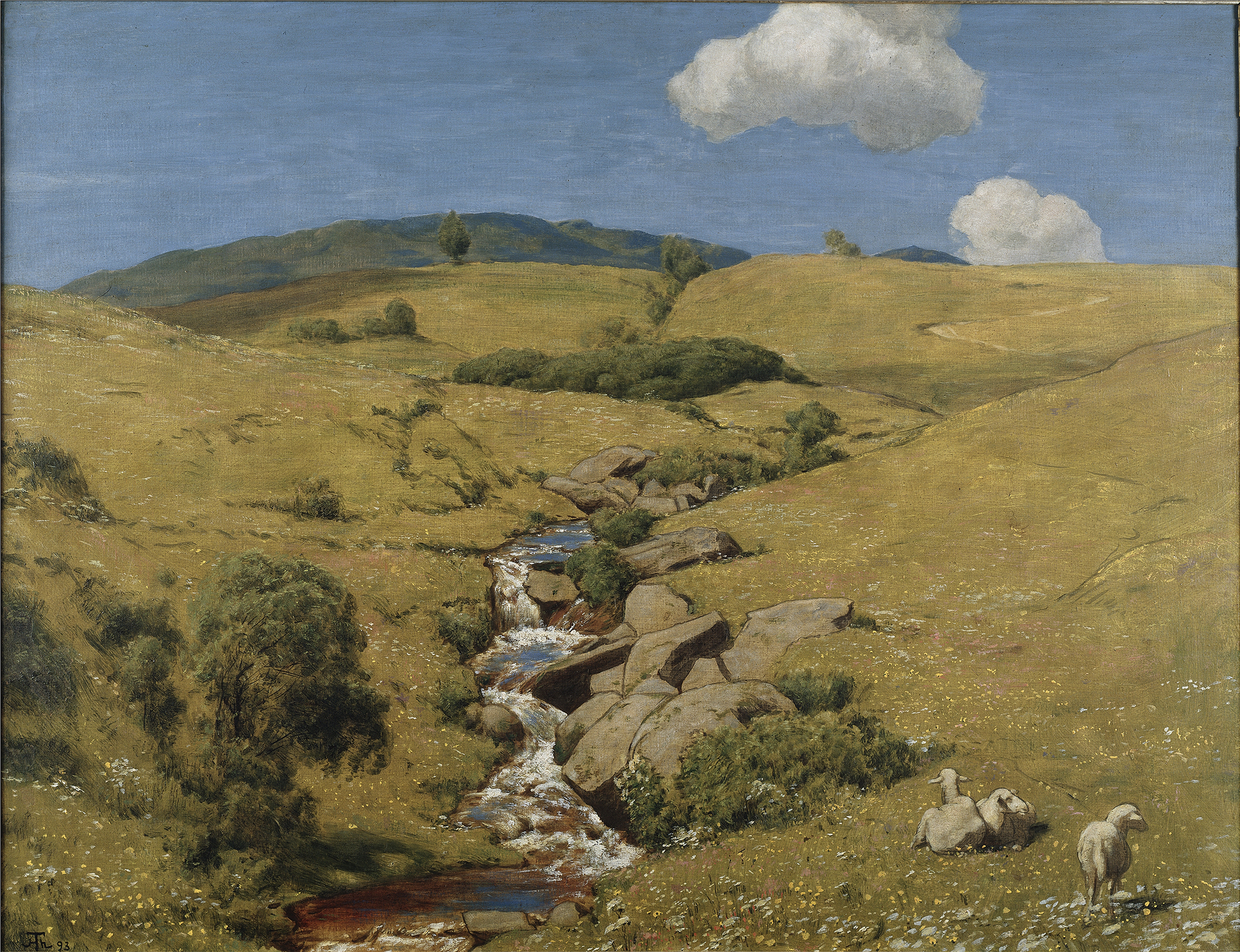 Oil painting by Hans Thoma depicting a sunlit forest clearing