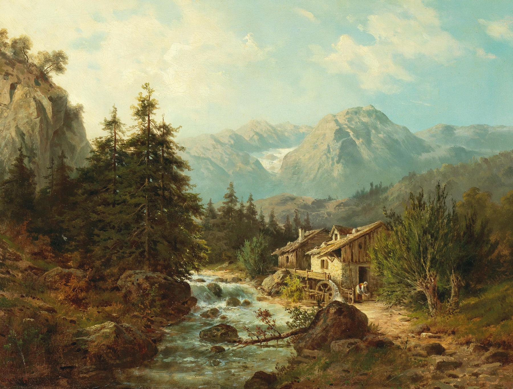 Landscape with a river and mill, oil painting by Julius Rose