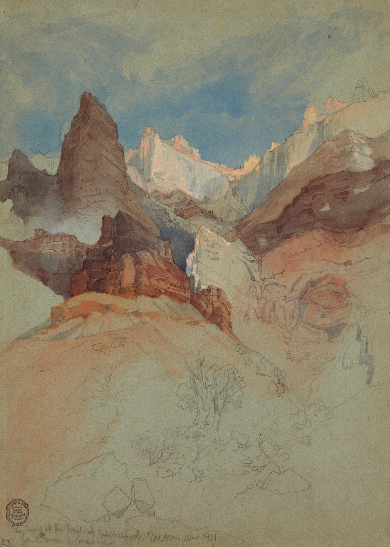Landscape of the Grand Canyon with sunlight illuminating the trail, oil painting by Frederic Edwin Church
