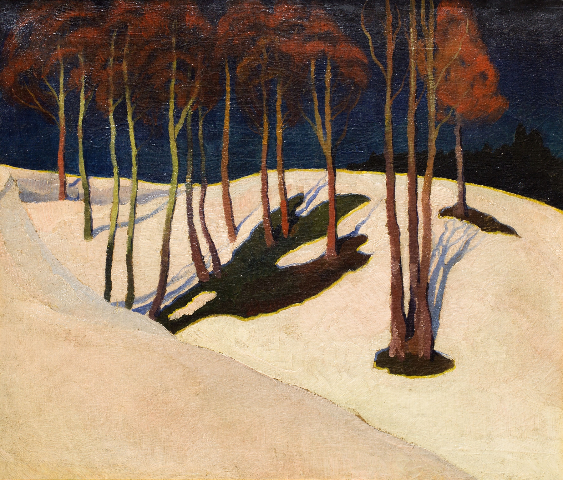 Landscape with red trees, by Stanisław Ignacy Witkiewicz, public domain