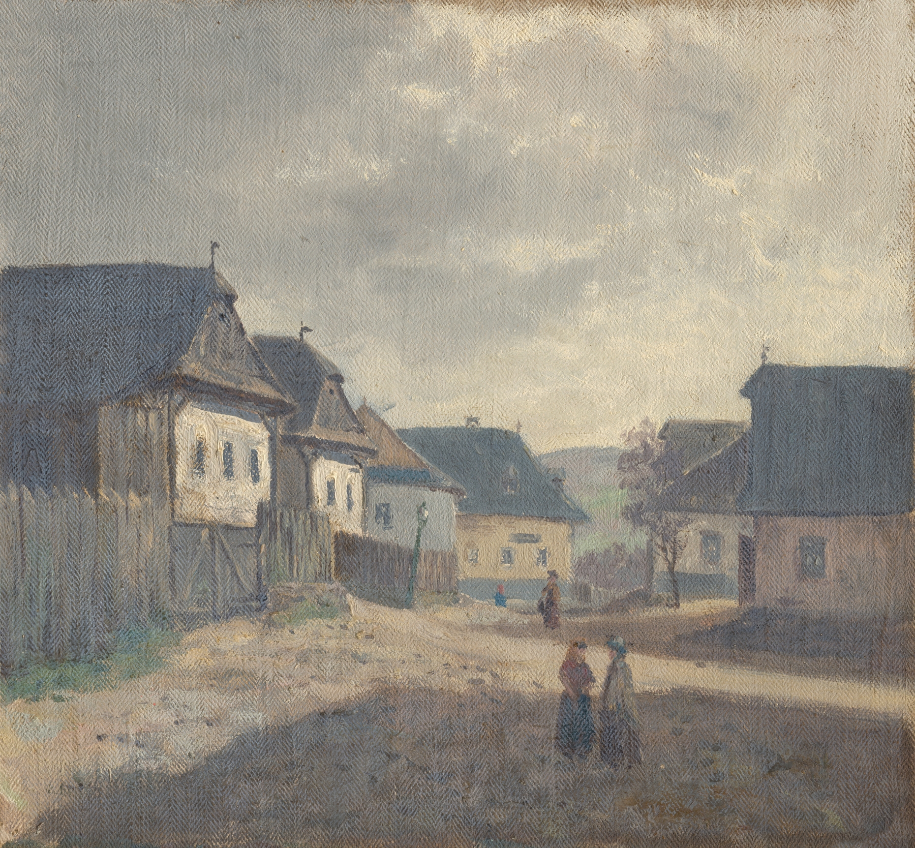 Village Square by Jan Nowopacký, depicting a lively market scene with figures and stalls, oil painting