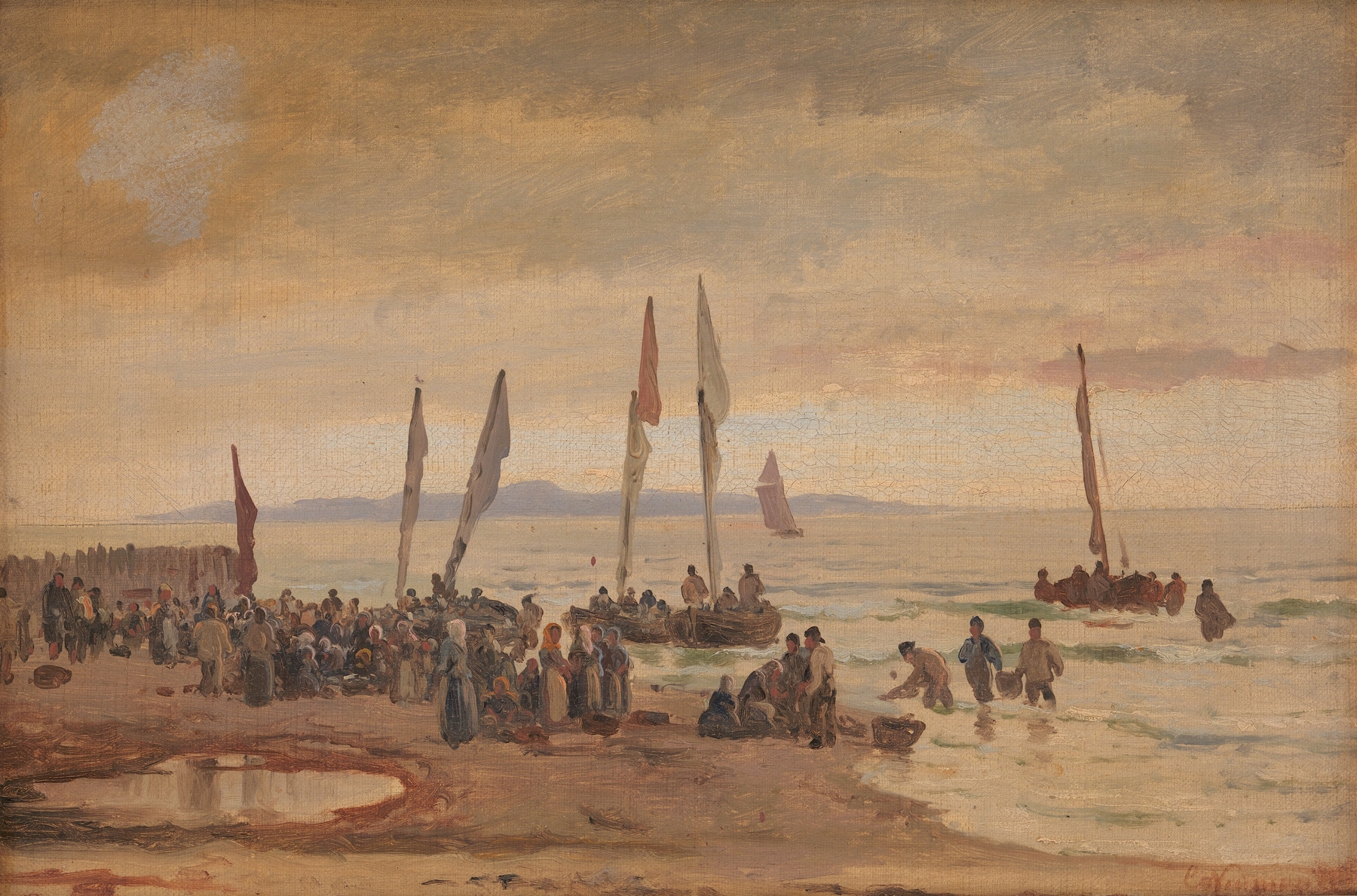 Genre scene depicting fishermen at Hornbæk Strand, oil painting by Carl Neumann