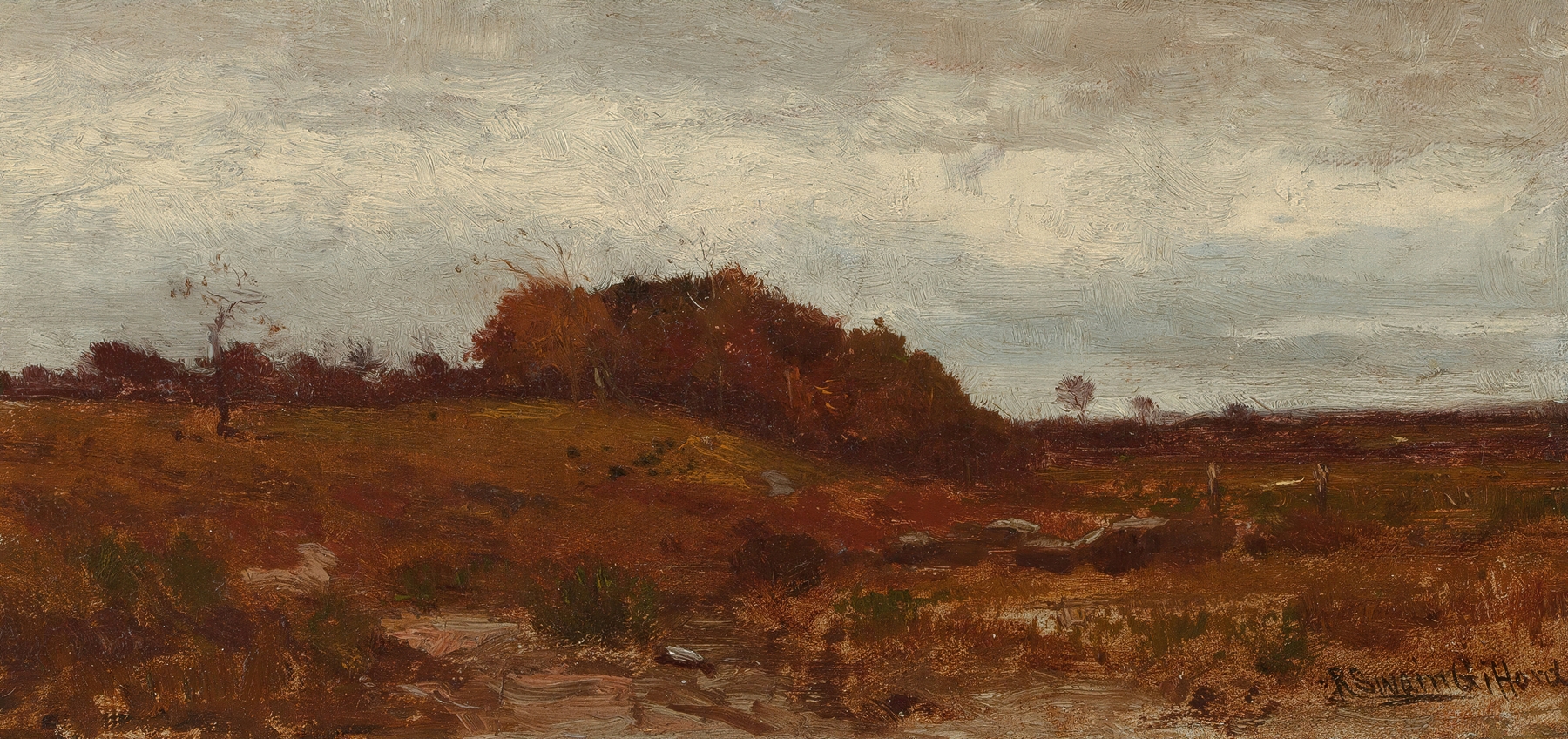 Autumn Landscape by Robert Swain Gifford, oil on canvas showing amber leaves and twilight.