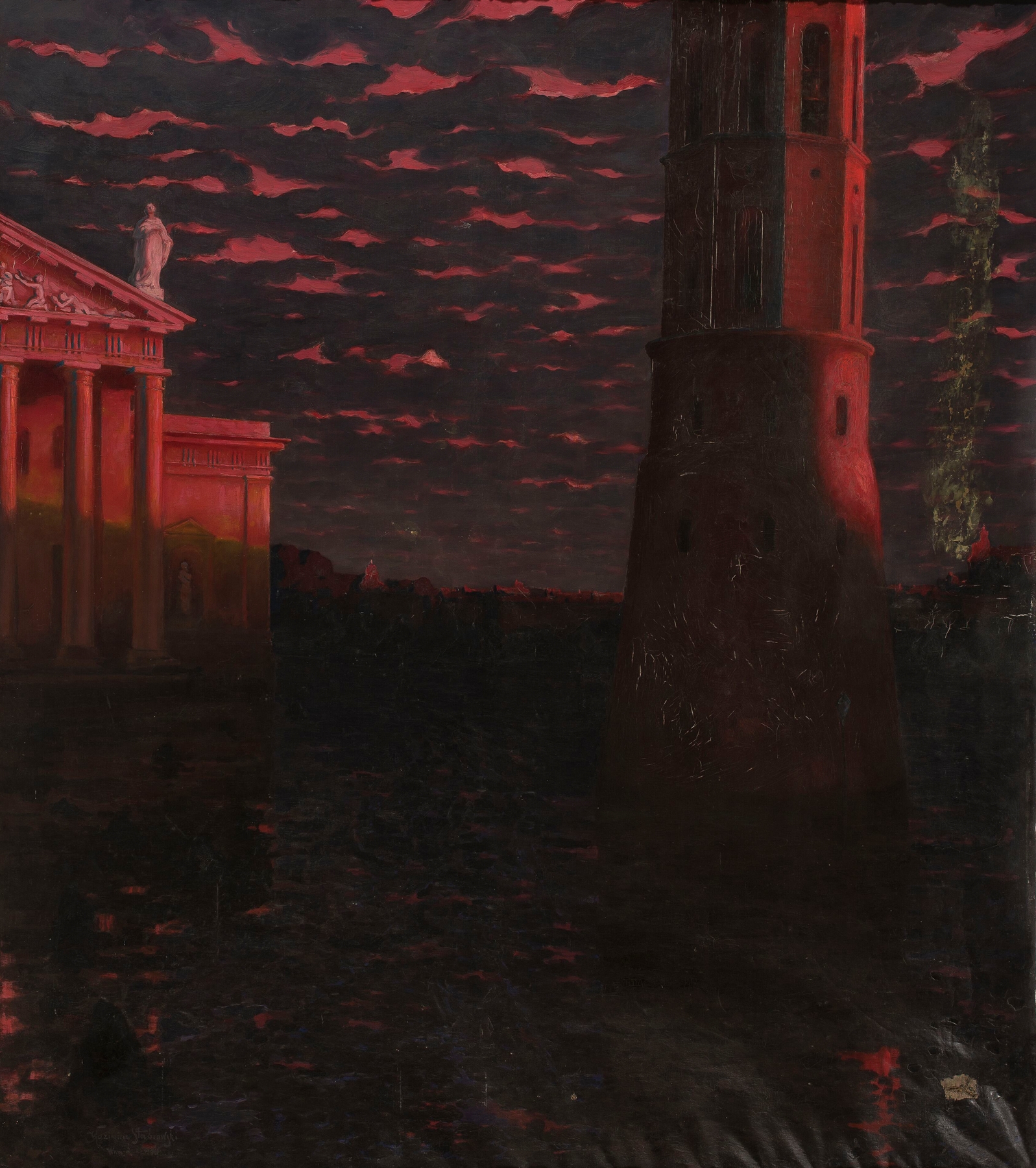Cathedral bell tower in Vilnius, oil painting by Kazimierz Stabrowski