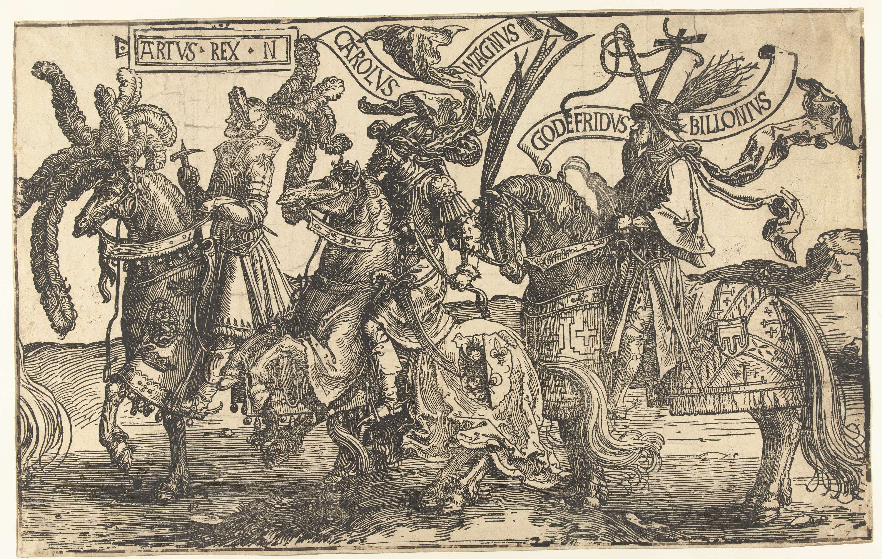 Historical scene with heroes in armor, etching by Lucas van Leyden