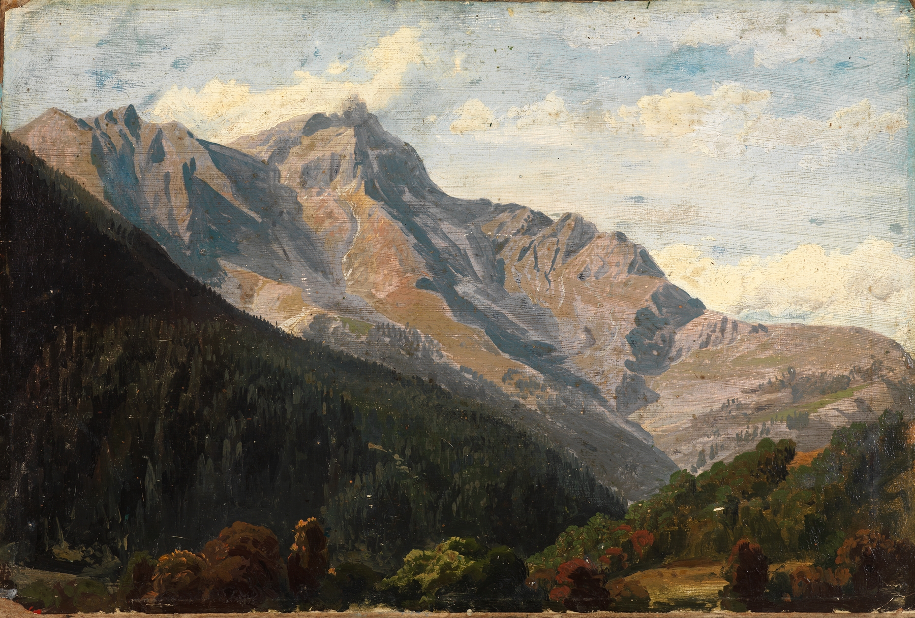 Schweizer Gebirgslandschaft mit dem Piz Beverin im Hintergrund, by Johann Wilhelm Schirmer, public domain