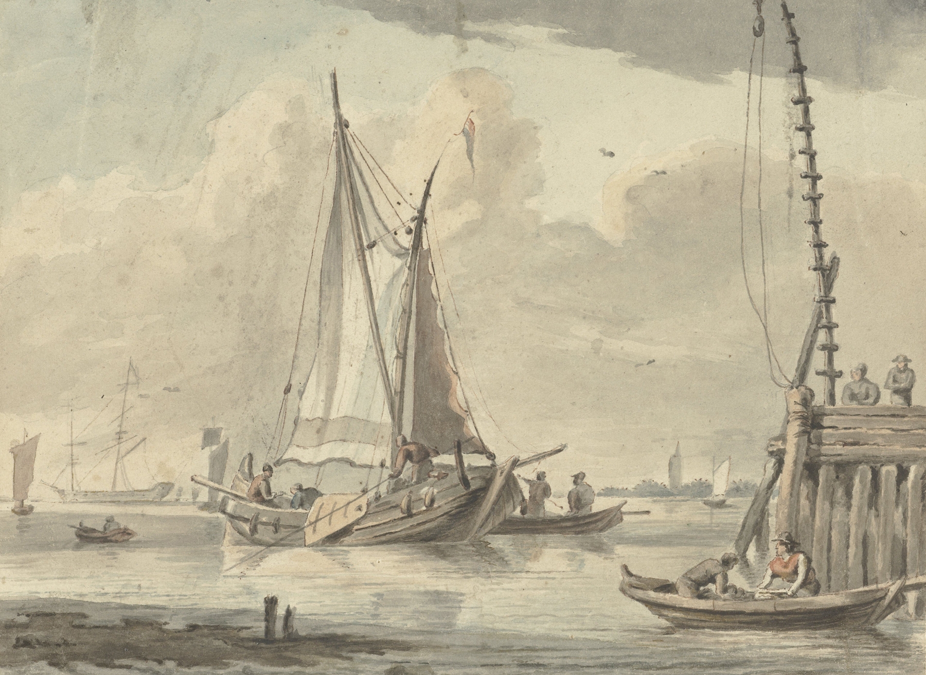 Marine scene with boats and sails by Aert Schouman, oil painting