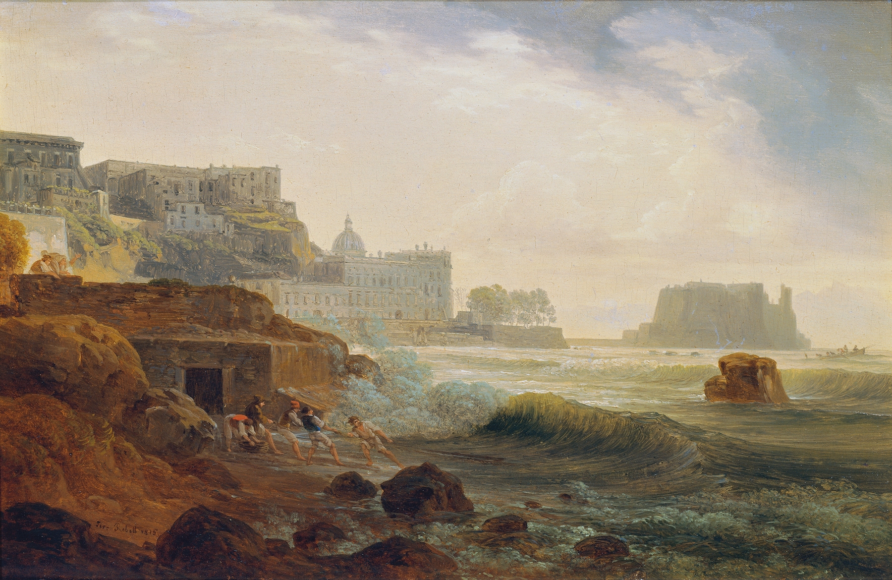Oil painting by Joseph Rebell depicting fishermen casting nets along the coast near Naples.
