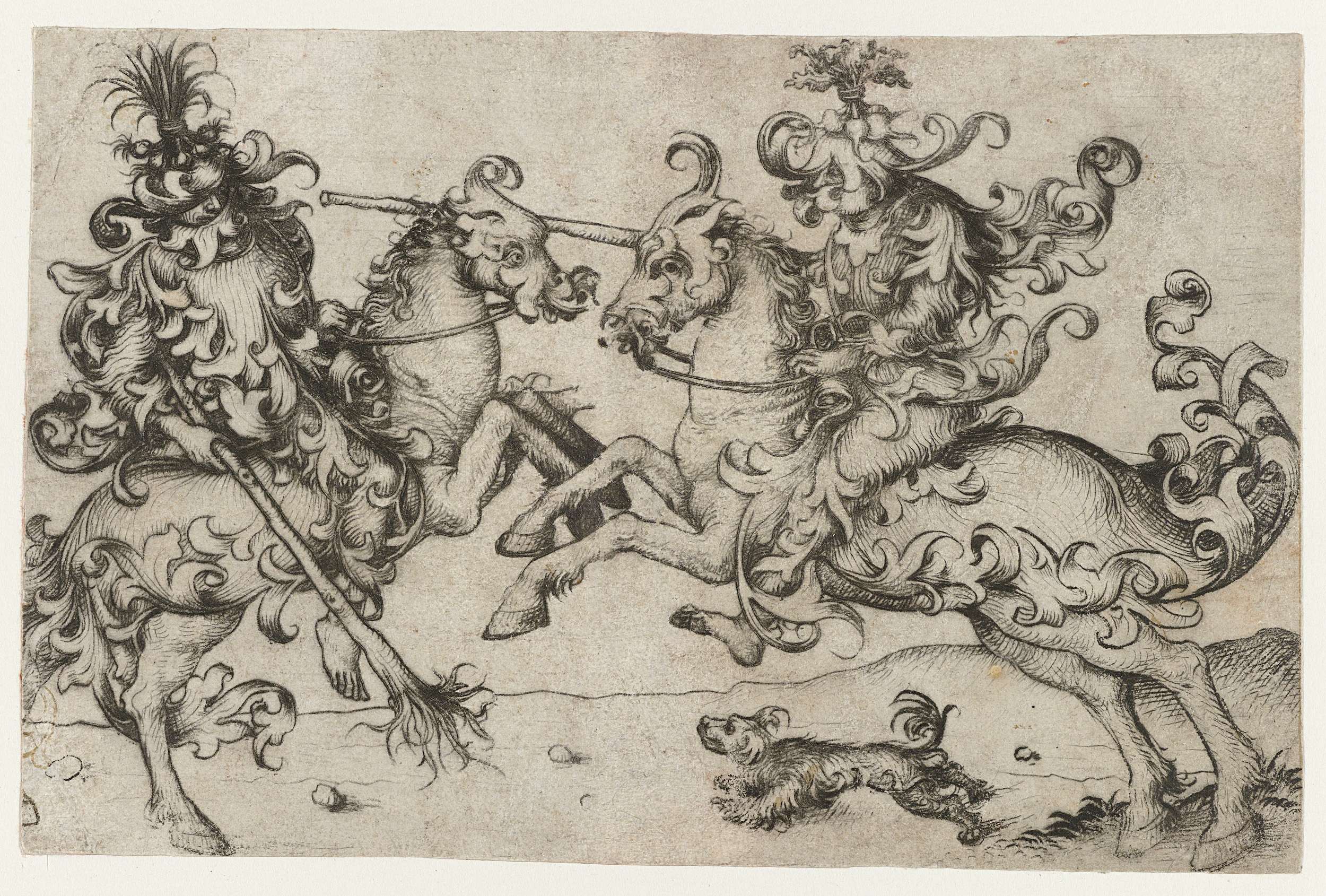 Drypoint by Meester van het Amsterdamse Kabinet depicting two wild men on horseback in conflict.