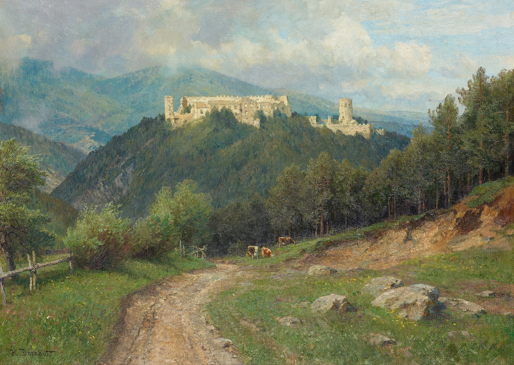 Die Ruine Starhemberg im Piestingtal by Hugo Darnaut, oil on canvas depicting castle ruins and ivy.