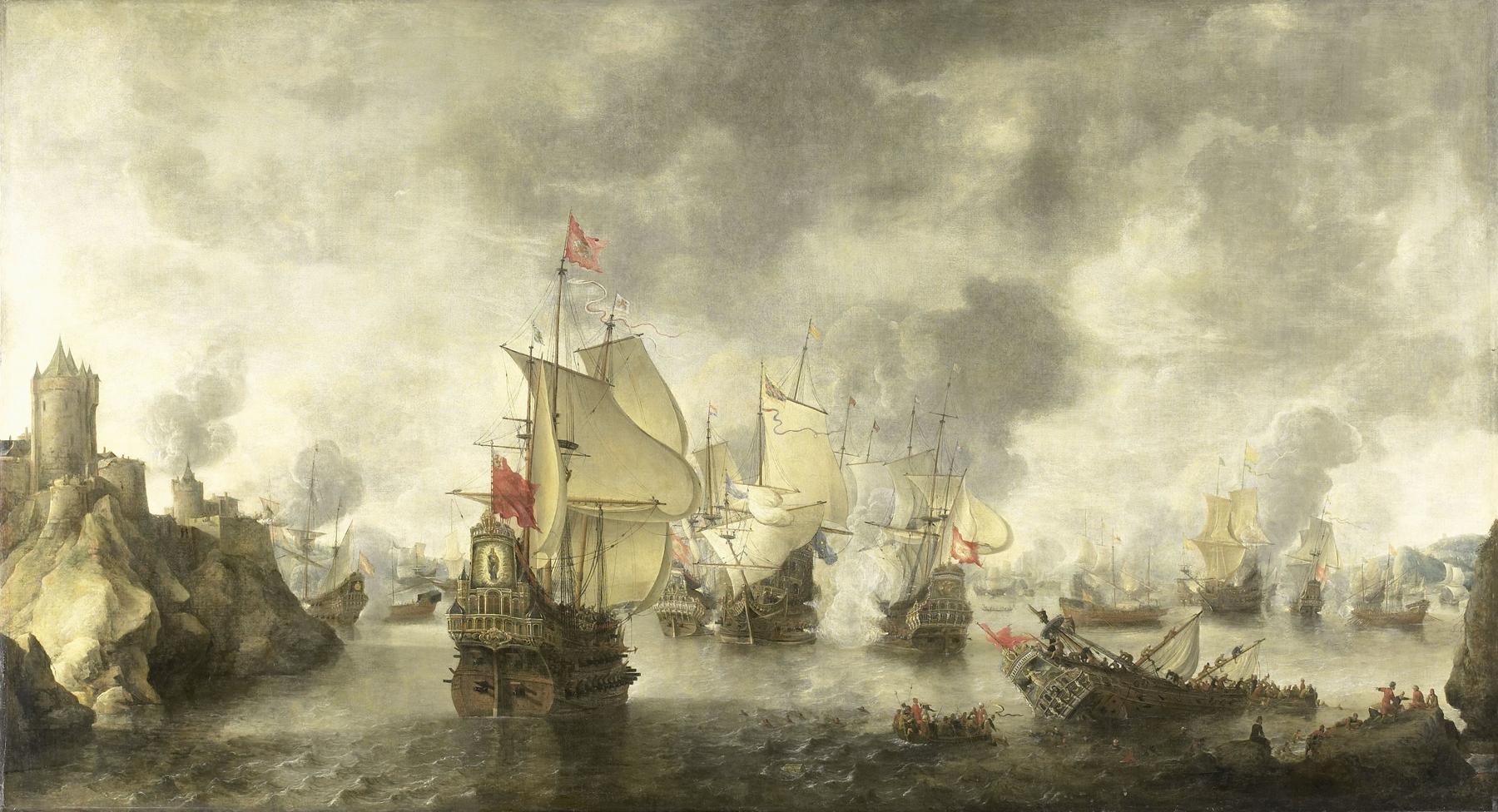 Naval battle scene with ships and cannons by Abraham Beerstraaten, oil painting