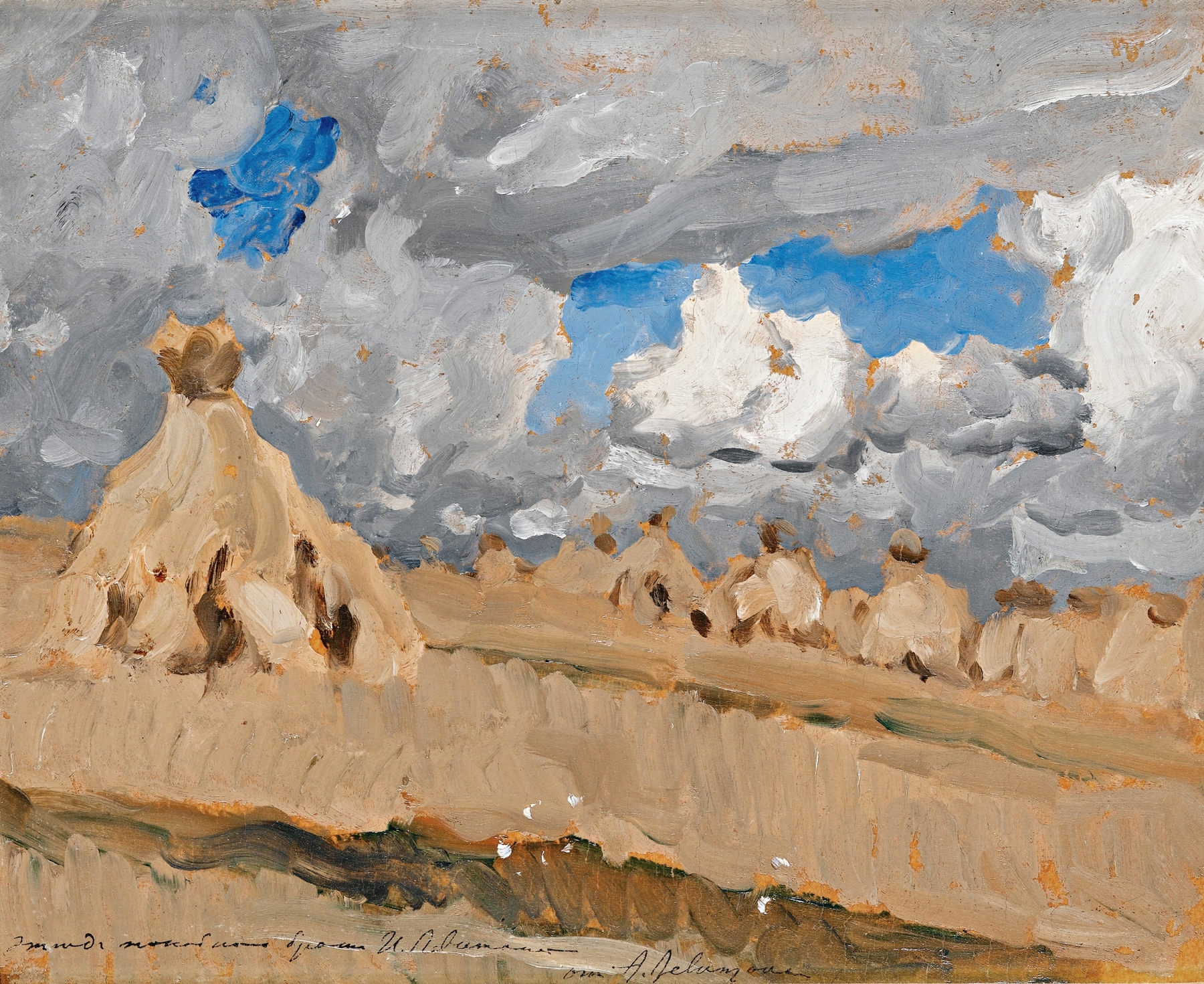 Haystacks in a Russian landscape, oil painting by Isaac Levitan