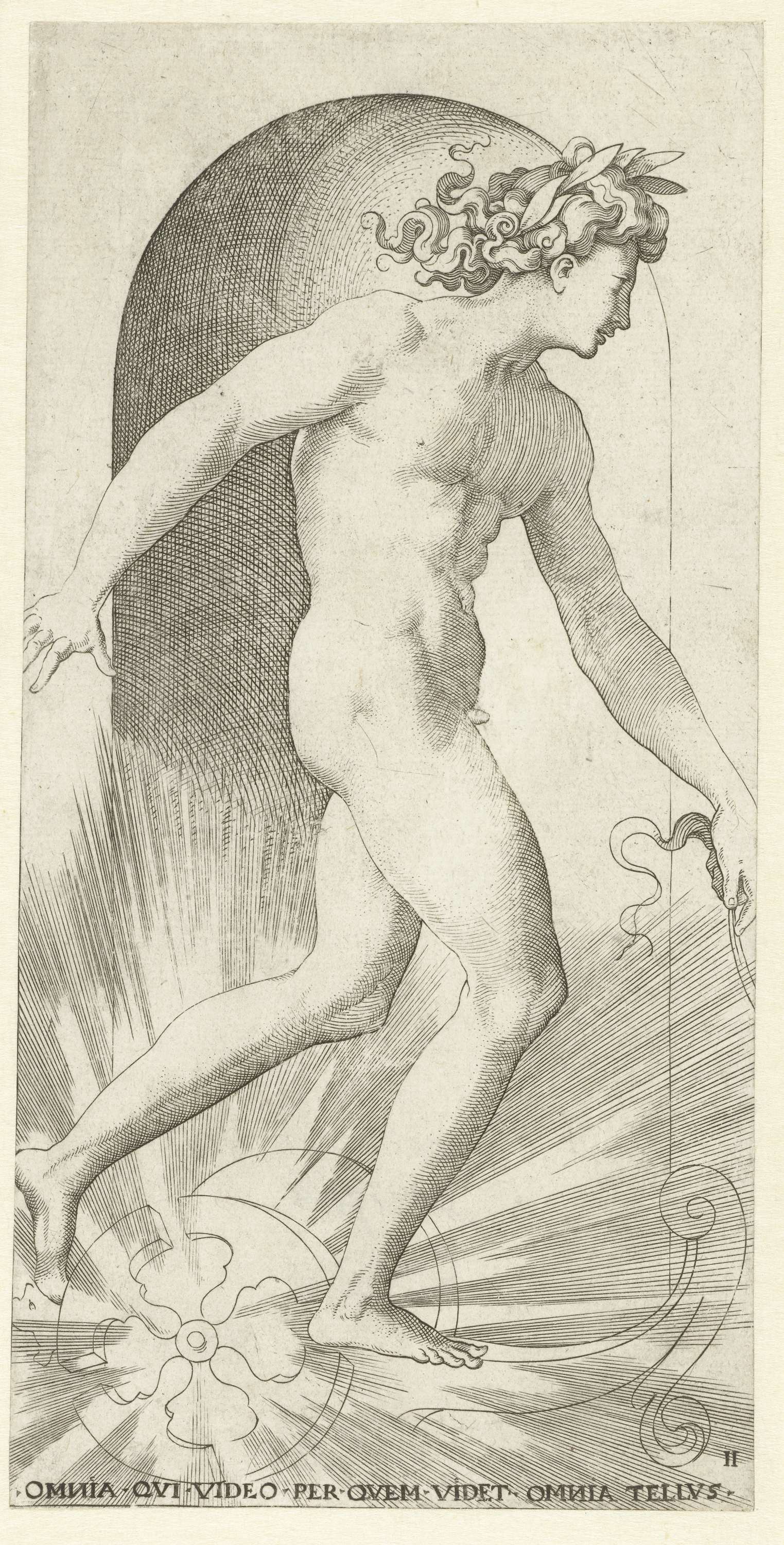 Engraving by Jacob Binck depicting Apollo in a chariot with a laurel crown.