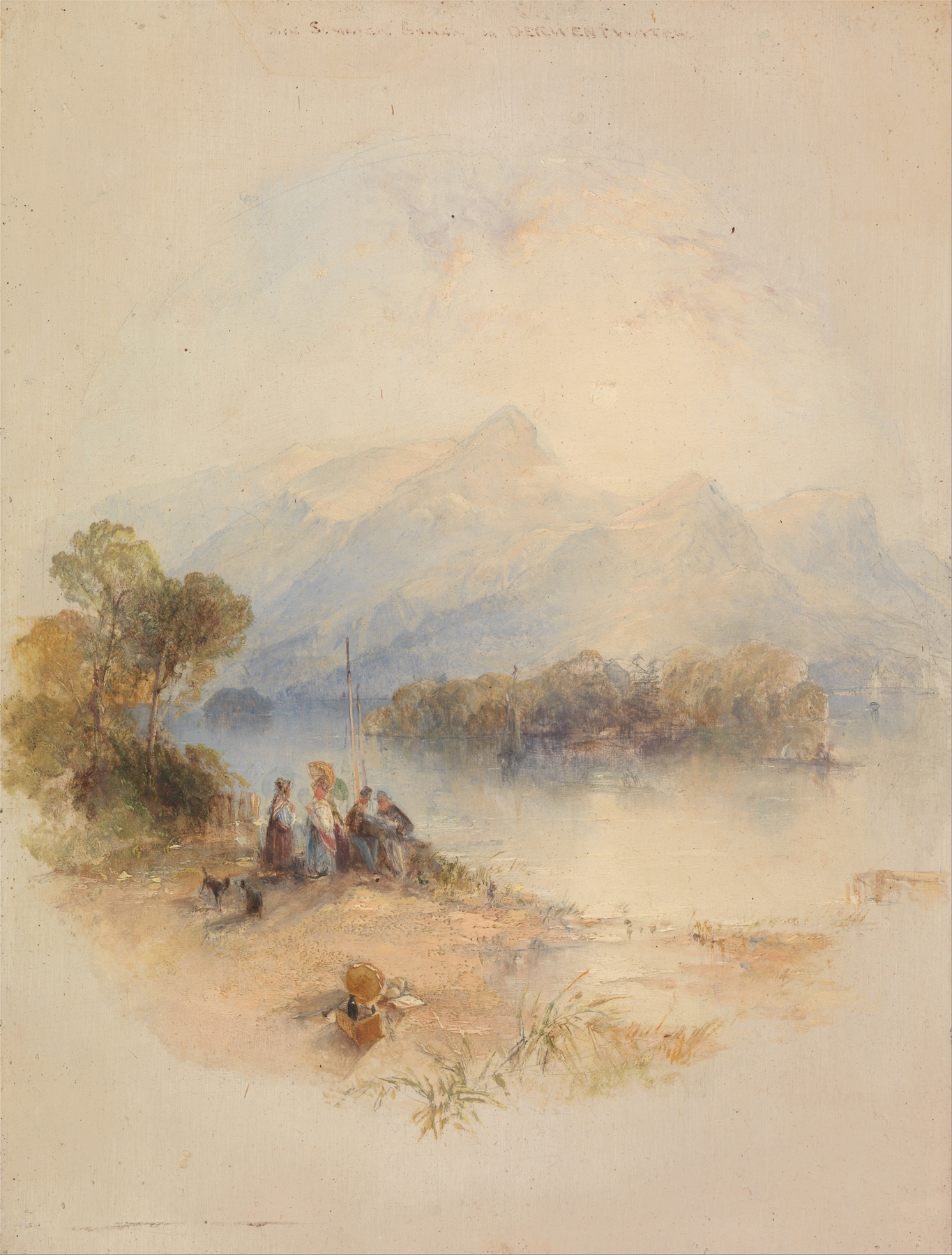 The Summer Bower, Derwent Water by Thomas Creswick, oil on canvas showing a tranquil lake and lush foliage.