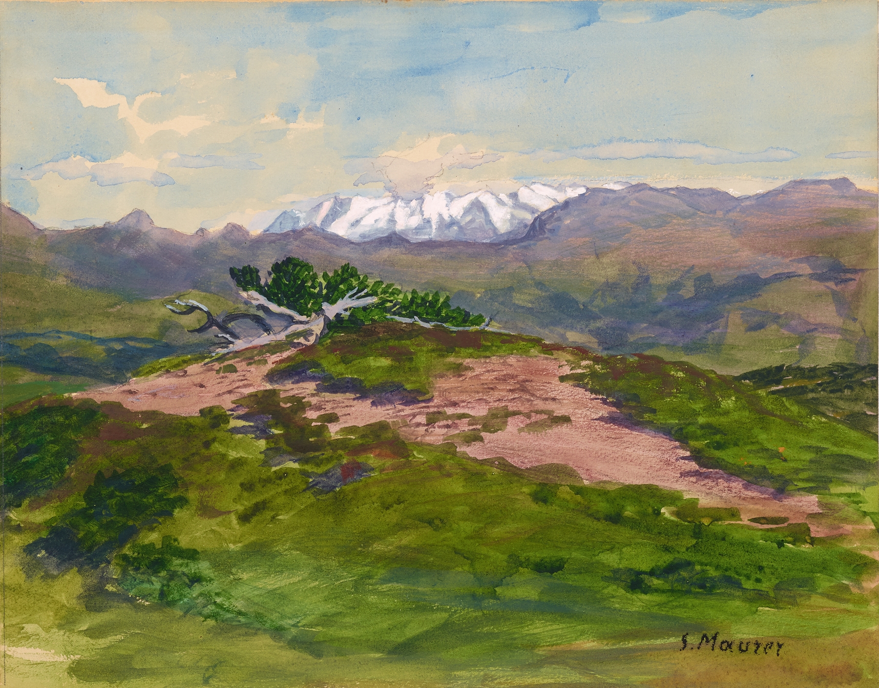 Serafin Maurer oil painting of a serene landscape with mountains and a winding path