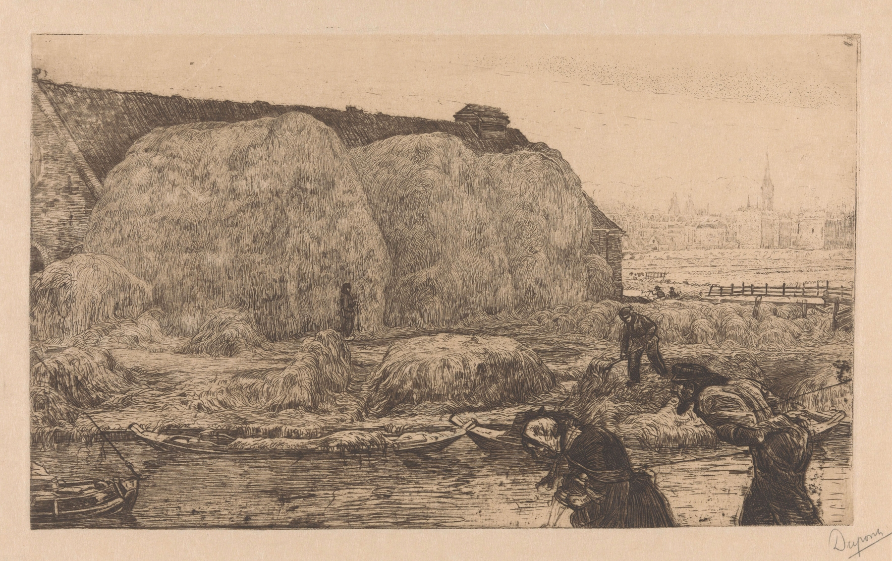 Landscape featuring a farmhouse and haystacks by Pieter Dupont, 1895