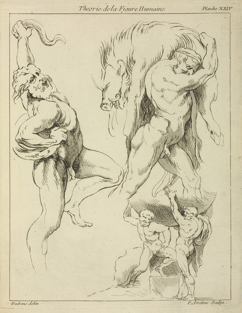 Rubens' painting features dynamic figures engaged in various struggles.