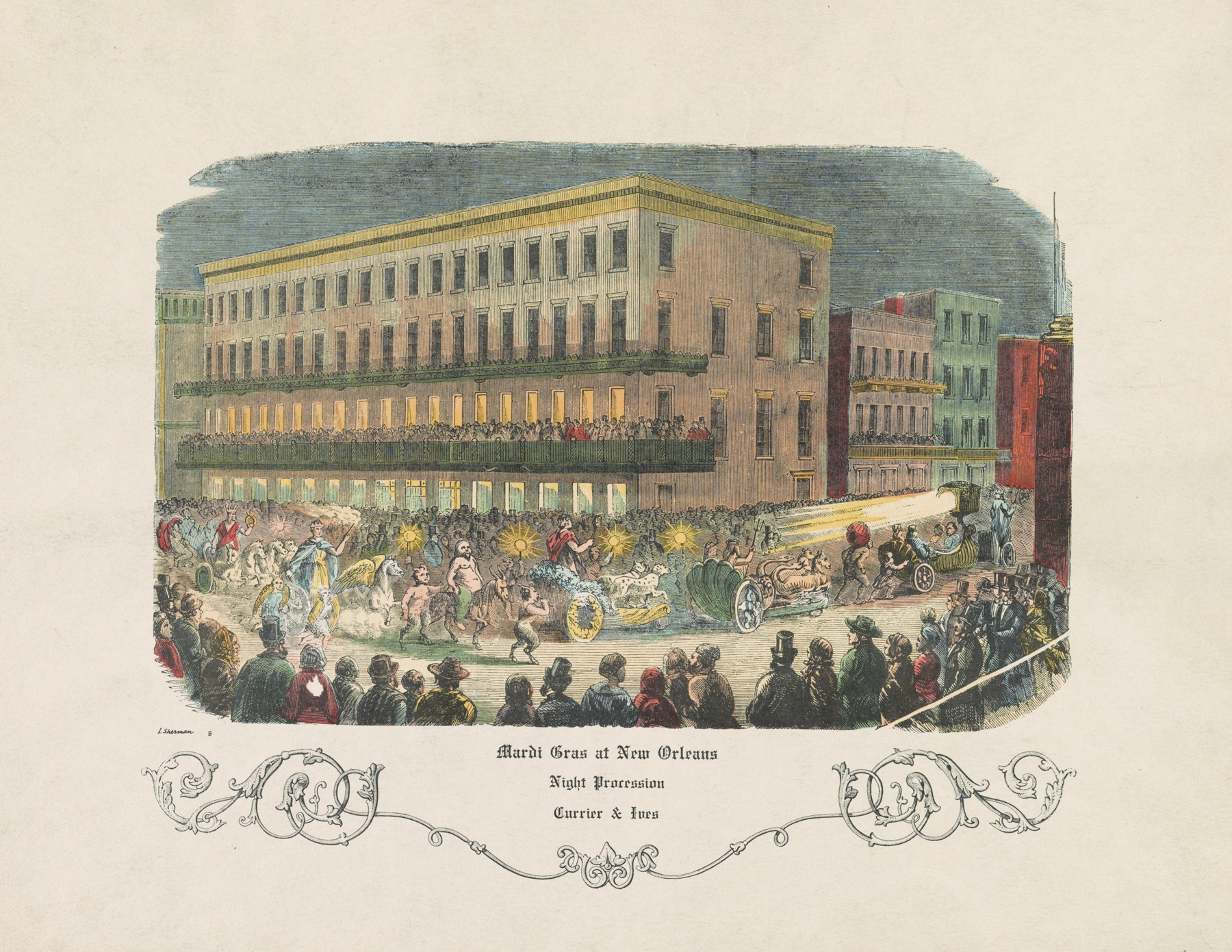 Mardi Gras at New Orleans lithograph by Currier & Ives depicting a lively night procession.