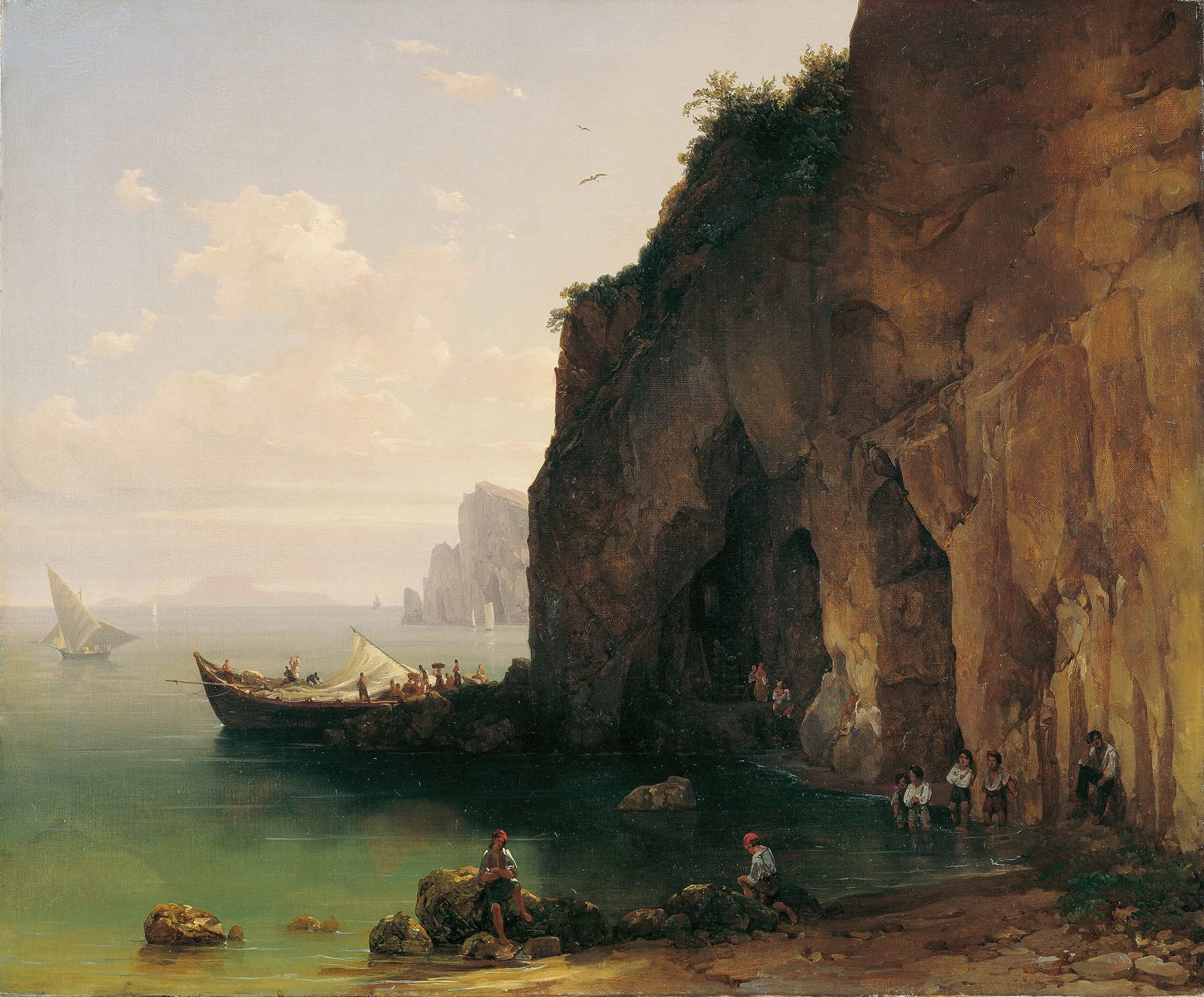 Landscape of Küste von Sorrent by Thomas Ender, depicting hills and mist in a romantic style.
