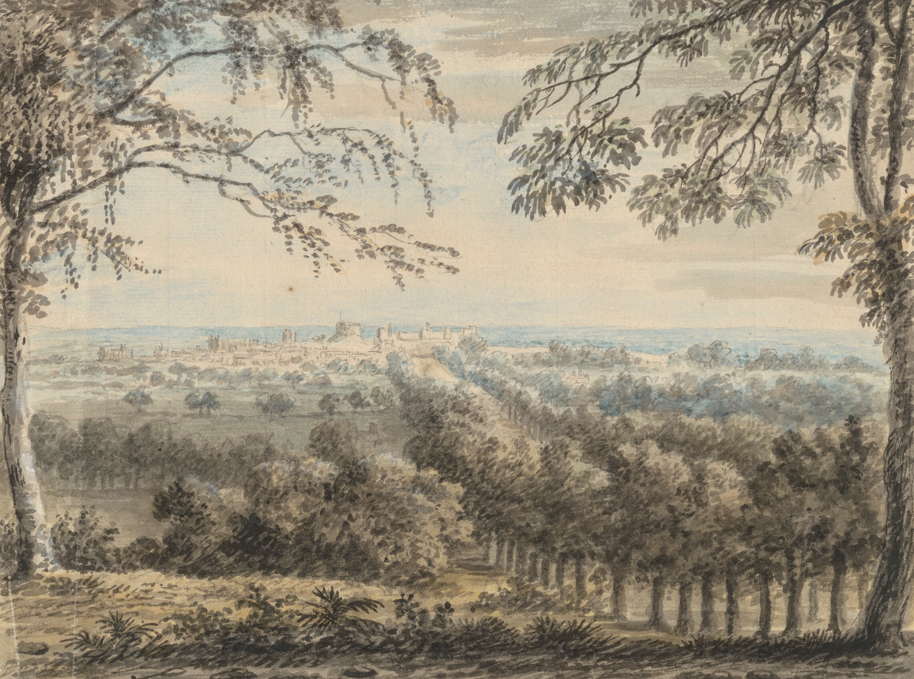 Landscape oil painting by Anthony Devis depicting Windsor Castle and trees.
