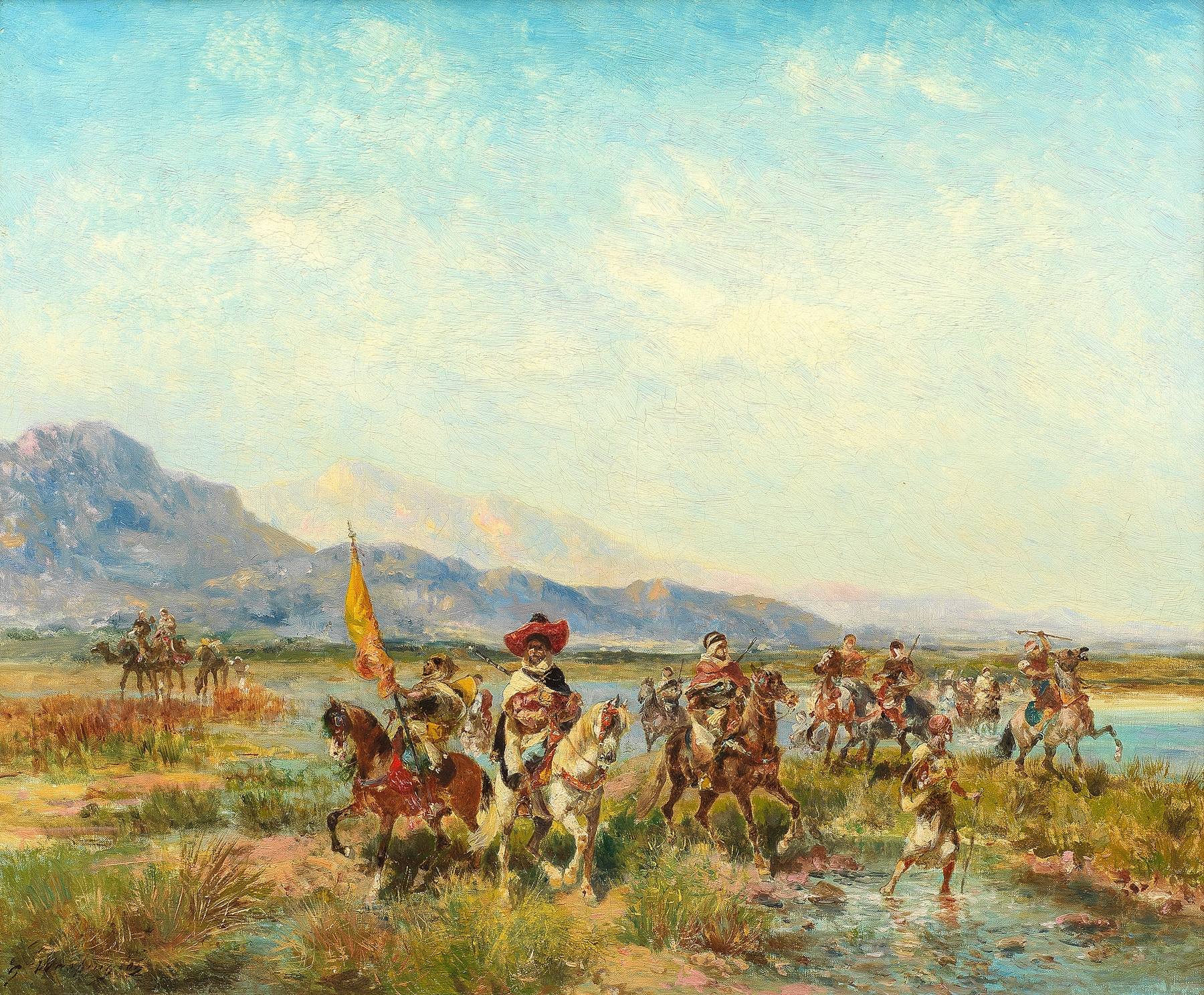 Horsemen fording a river, oil painting by Georges Washington