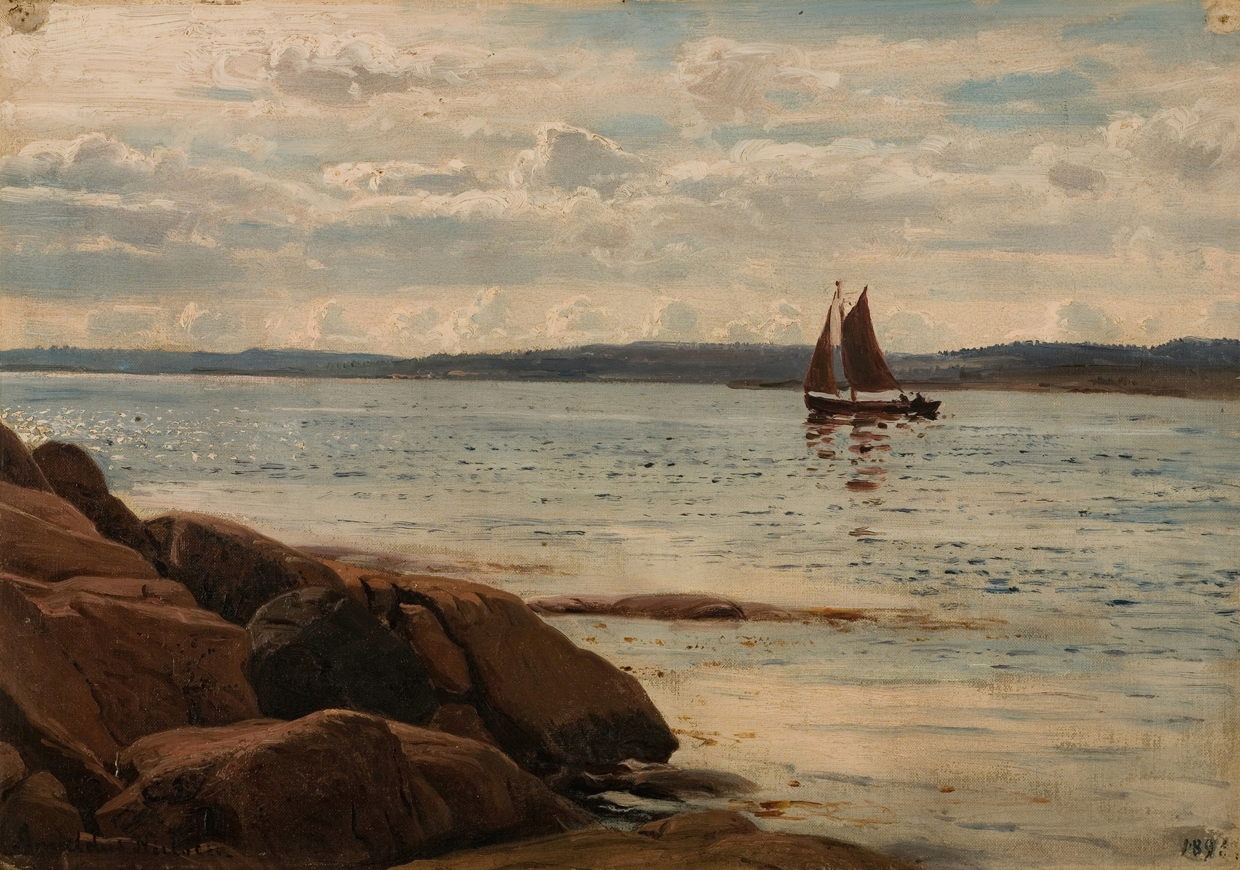 Marine scene with waves and coastline by Amaldus Nielsen, oil painting, 1896