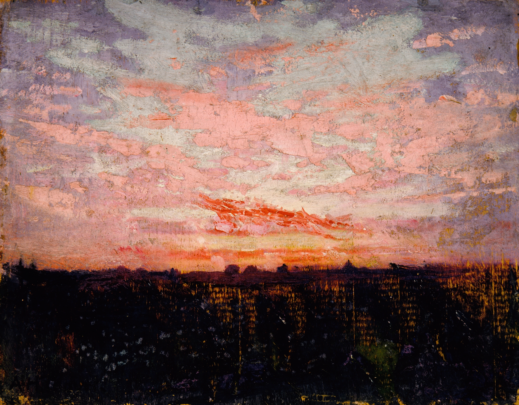 Landscape oil painting by Abbott Handerson Thayer featuring soft pastel hues of sunrise and sunset.
