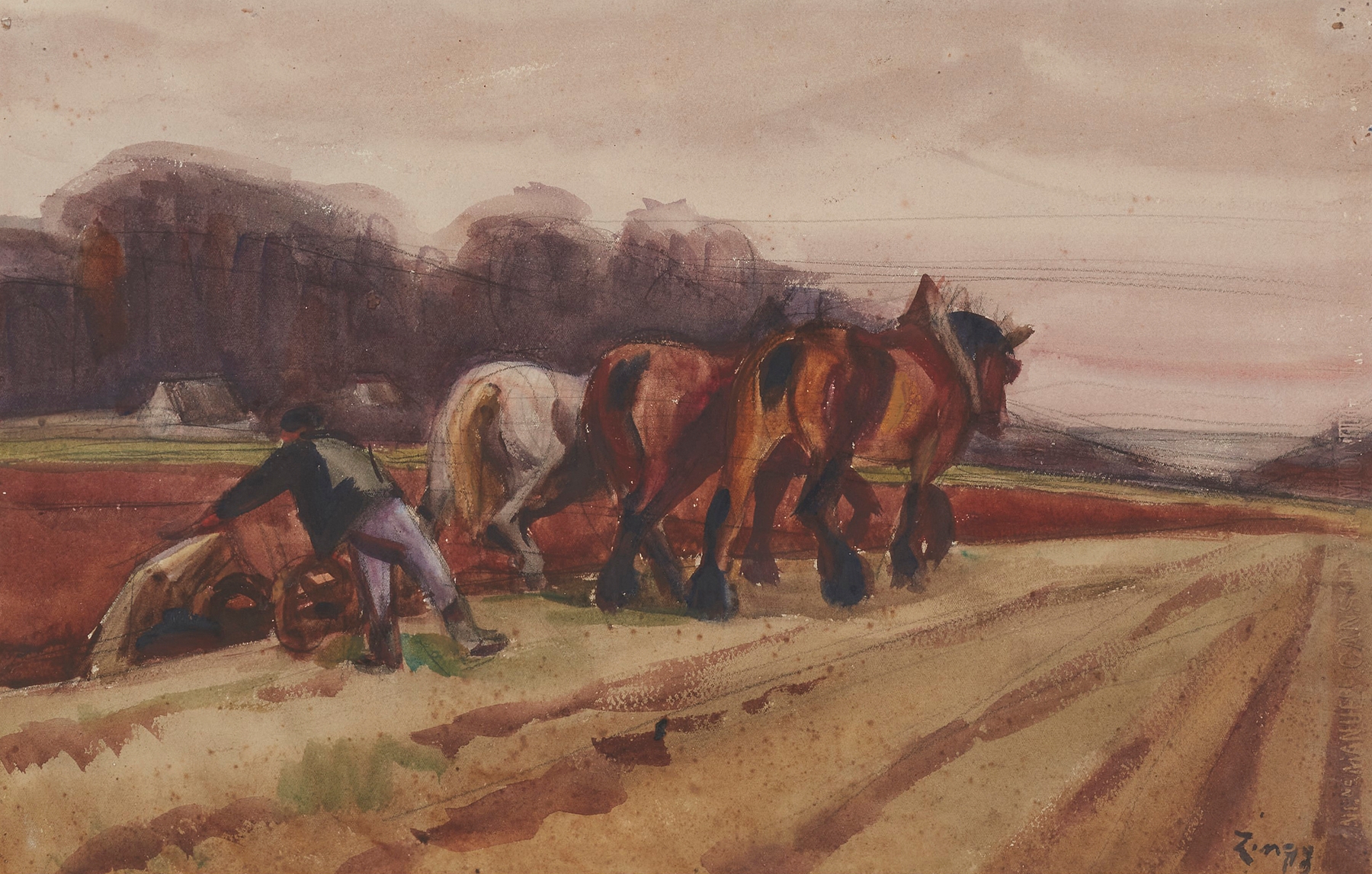 Landscape in oil on canvas by Jules Émile Zingg, featuring fields and vibrant light.