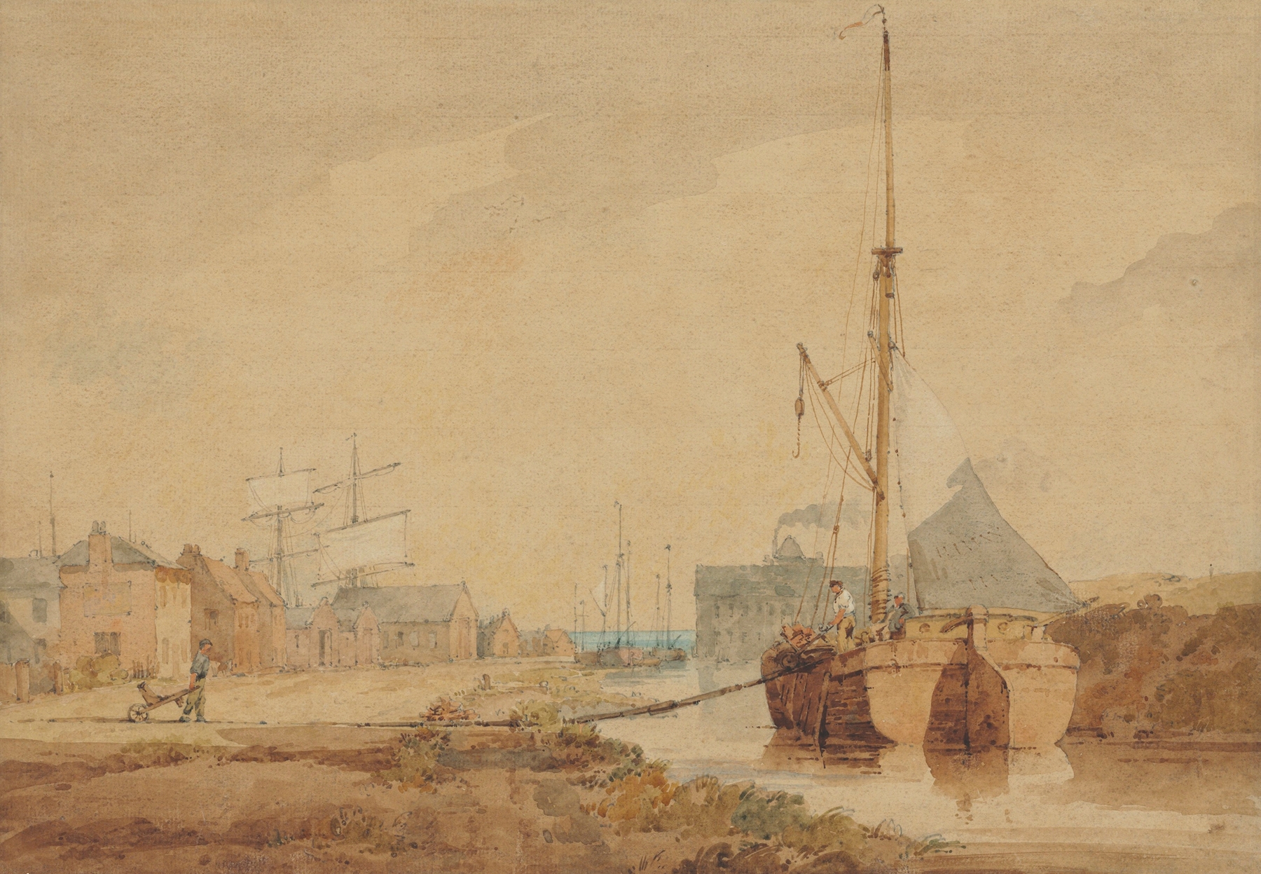 A barge on a canal, Norfolk by John Thirtle, Impressionism, depicting a serene canal landscape.