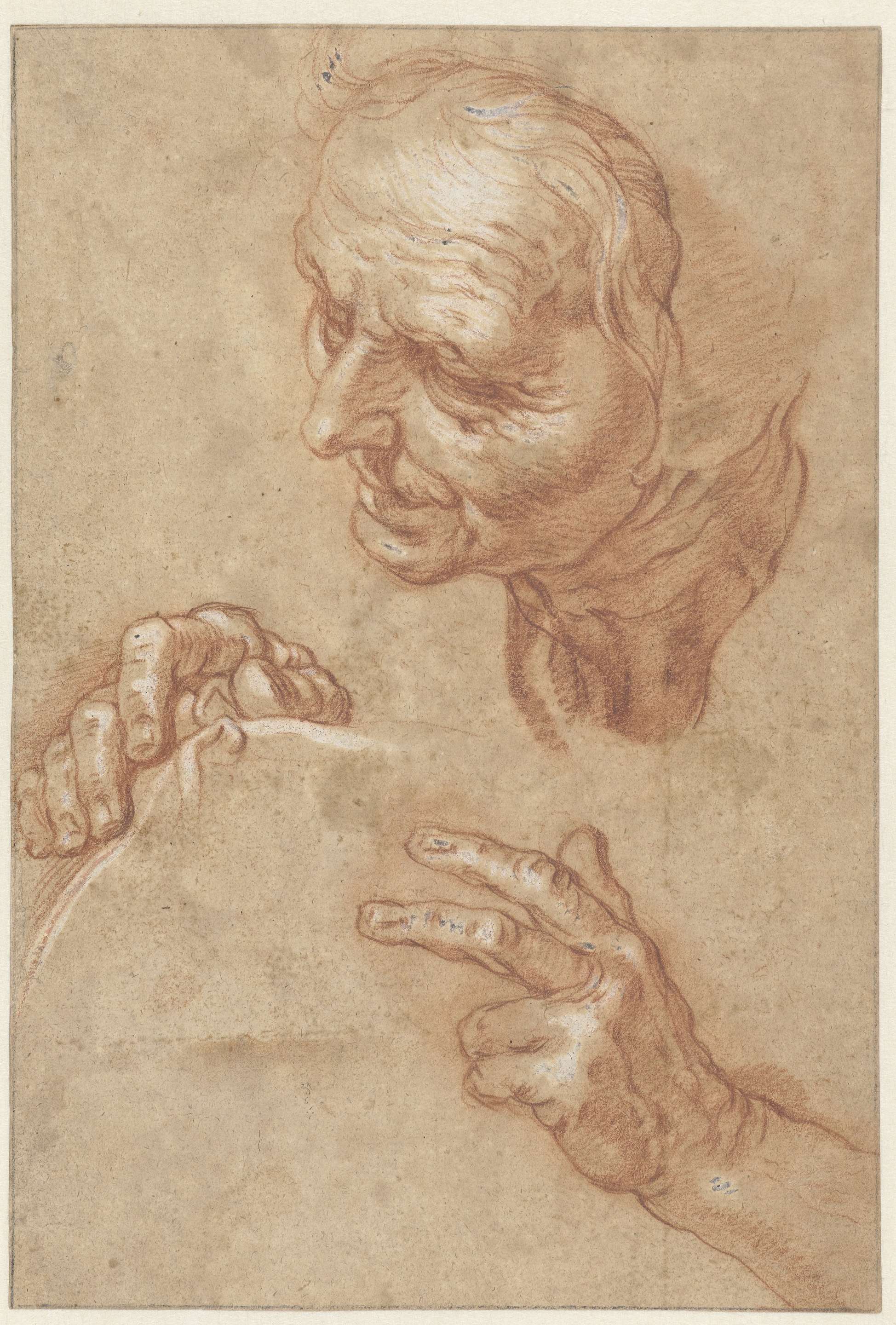 Studieblad met het hoofd van een oude vrouw en twee handen, by Abraham Bloemaert, public domain