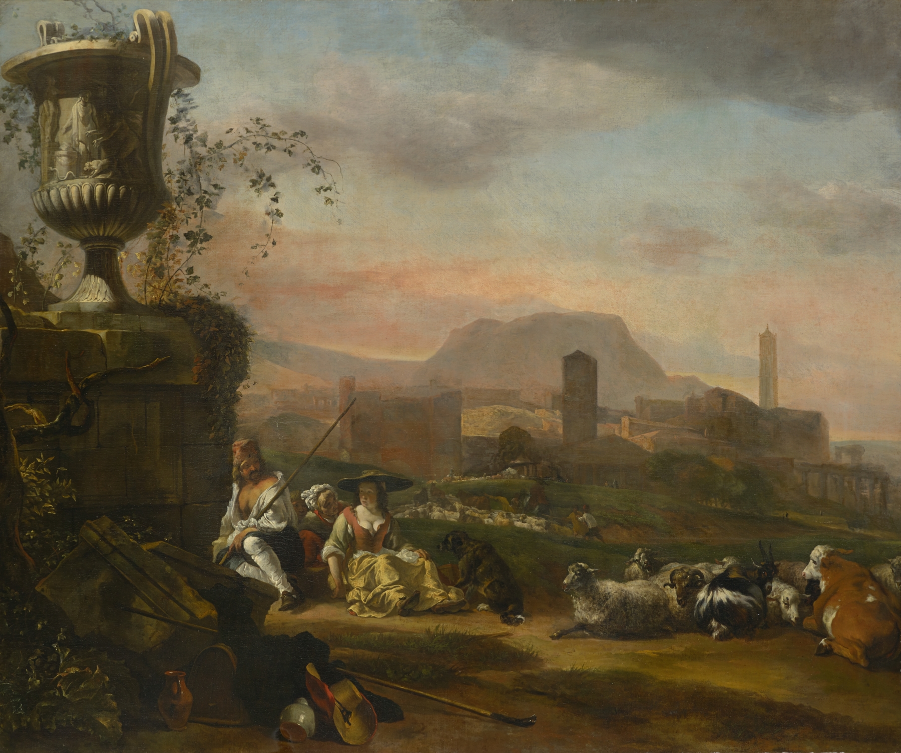 Roman Landscape with Shepherds, oil on canvas by Jan Baptist Weenix, depicting shepherds in a tranquil landscape.