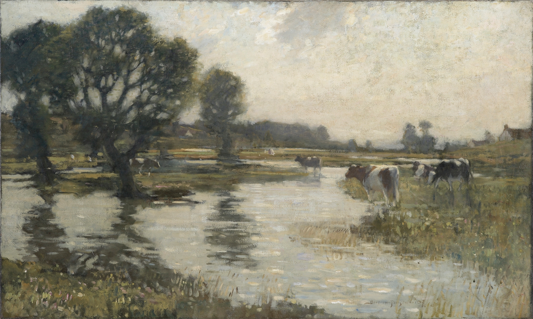 Impressionist landscape by Bertram Priestman depicting a flooded meadow with reflections, oil painting.
