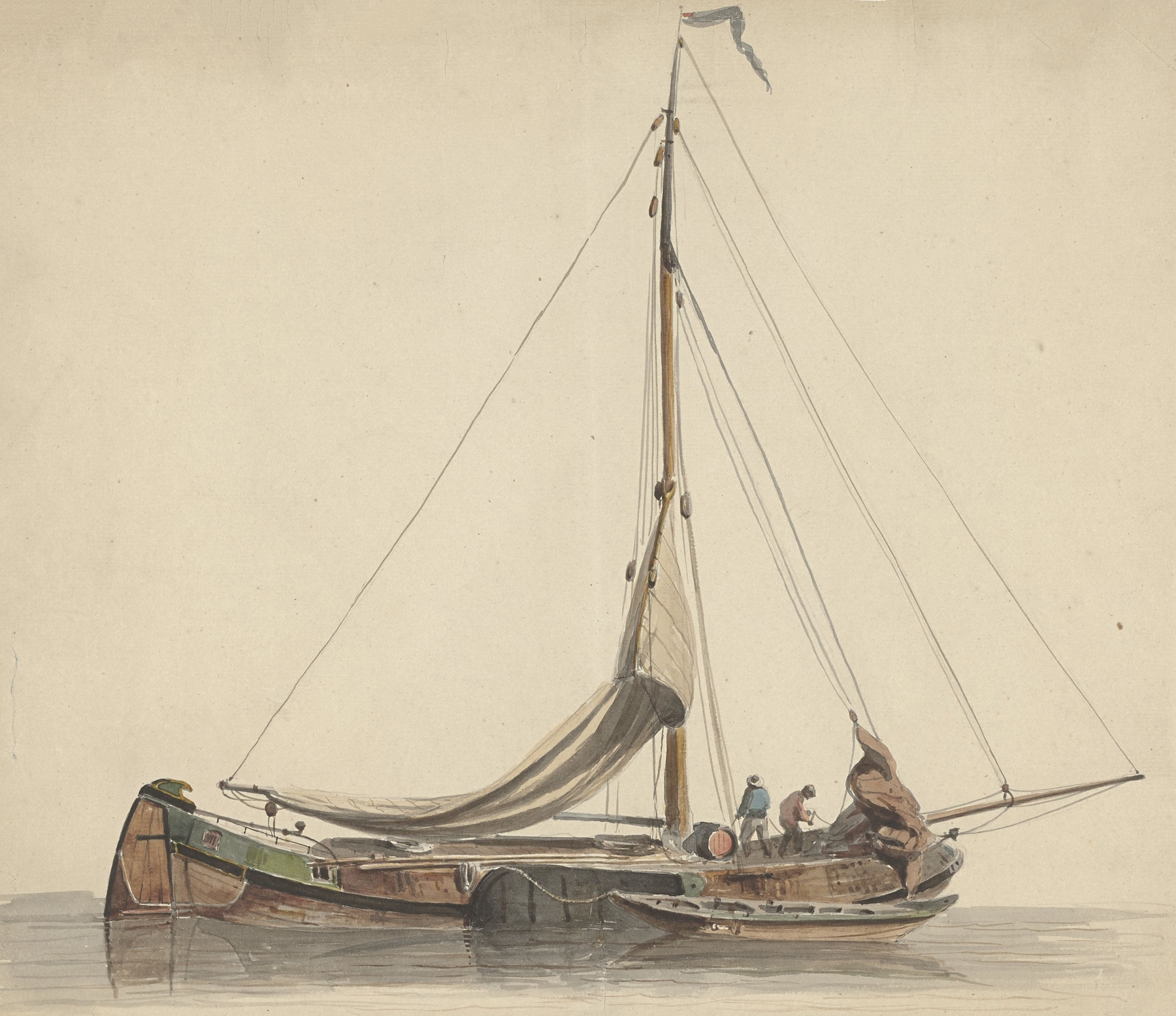 Two men working on a flat-bottomed boat, oil on canvas by Adrianus Eversen