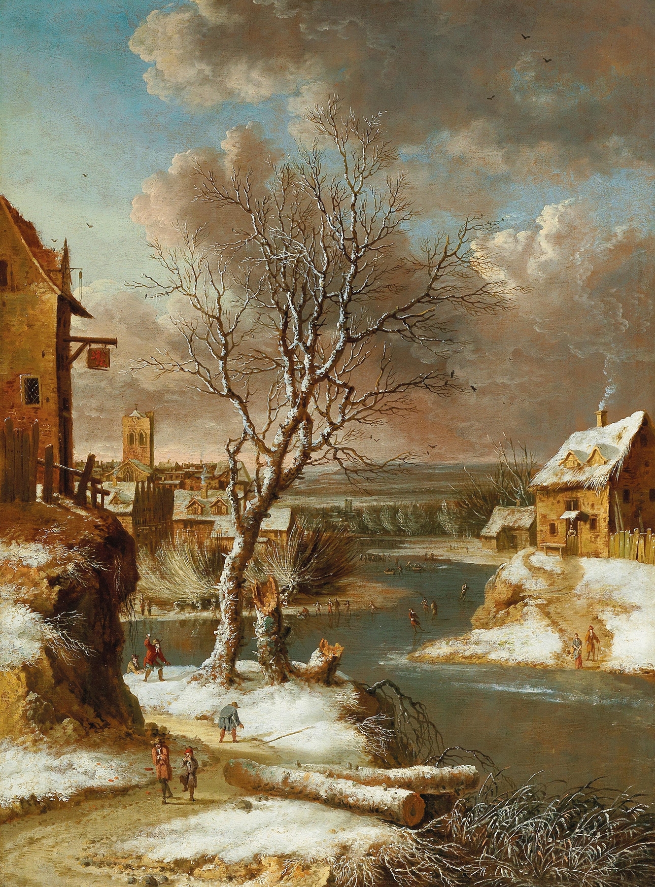 Winter landscape with skaters on a frozen river, oil painting by Jan Abrahamsz Beerstraaten