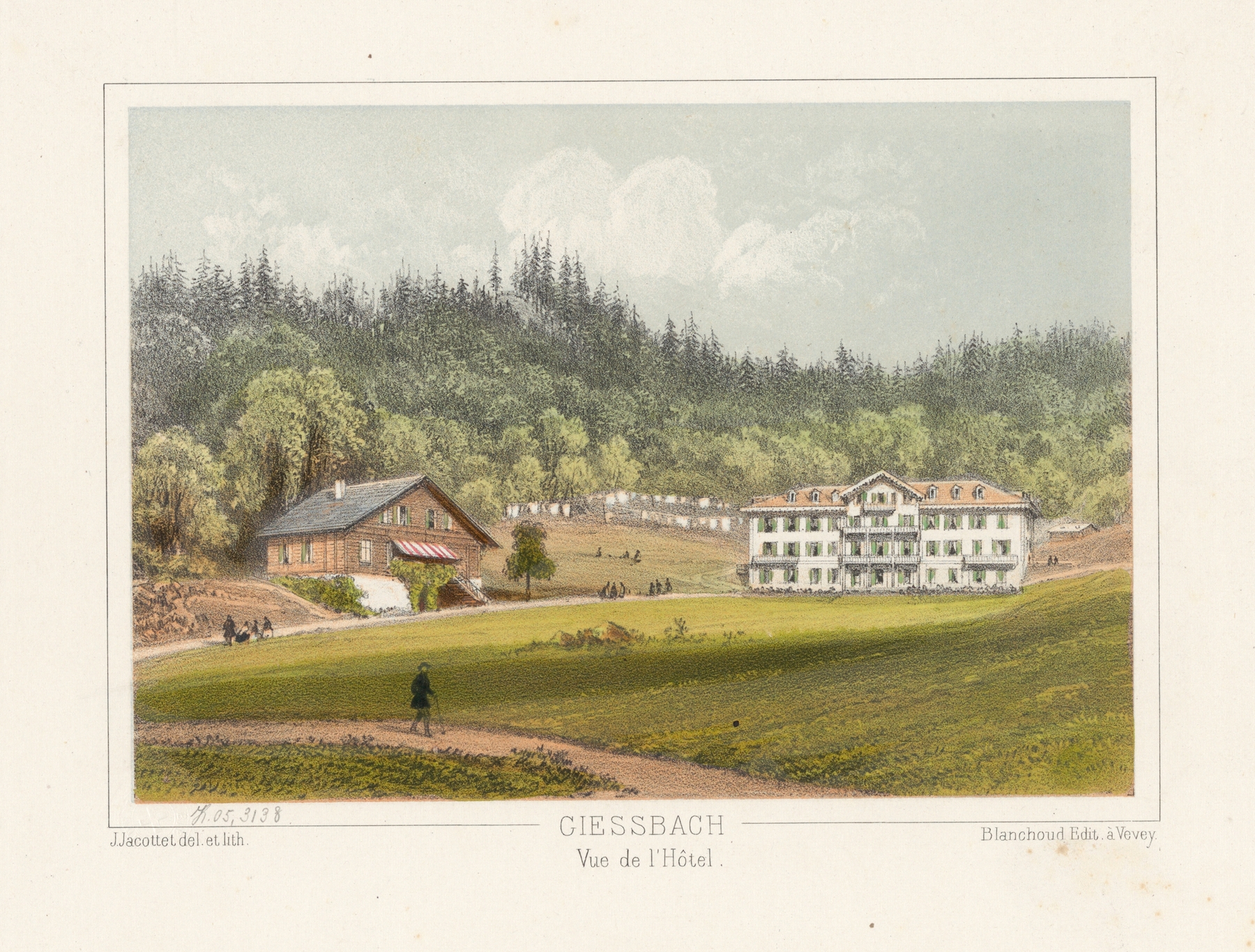 Giessbach Vue de l’Hôtel by Jean Jacottet, oil painting depicting a hotel in nature.
