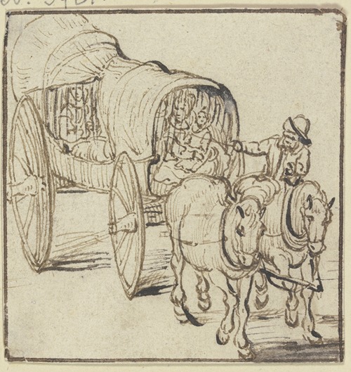 A covered cart is depicted in a rural setting, surrounded by nature.