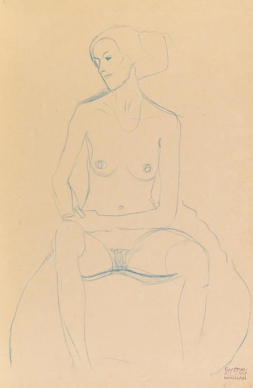 A seated nude girl with tackled legs, painted by Gustav Klimt.