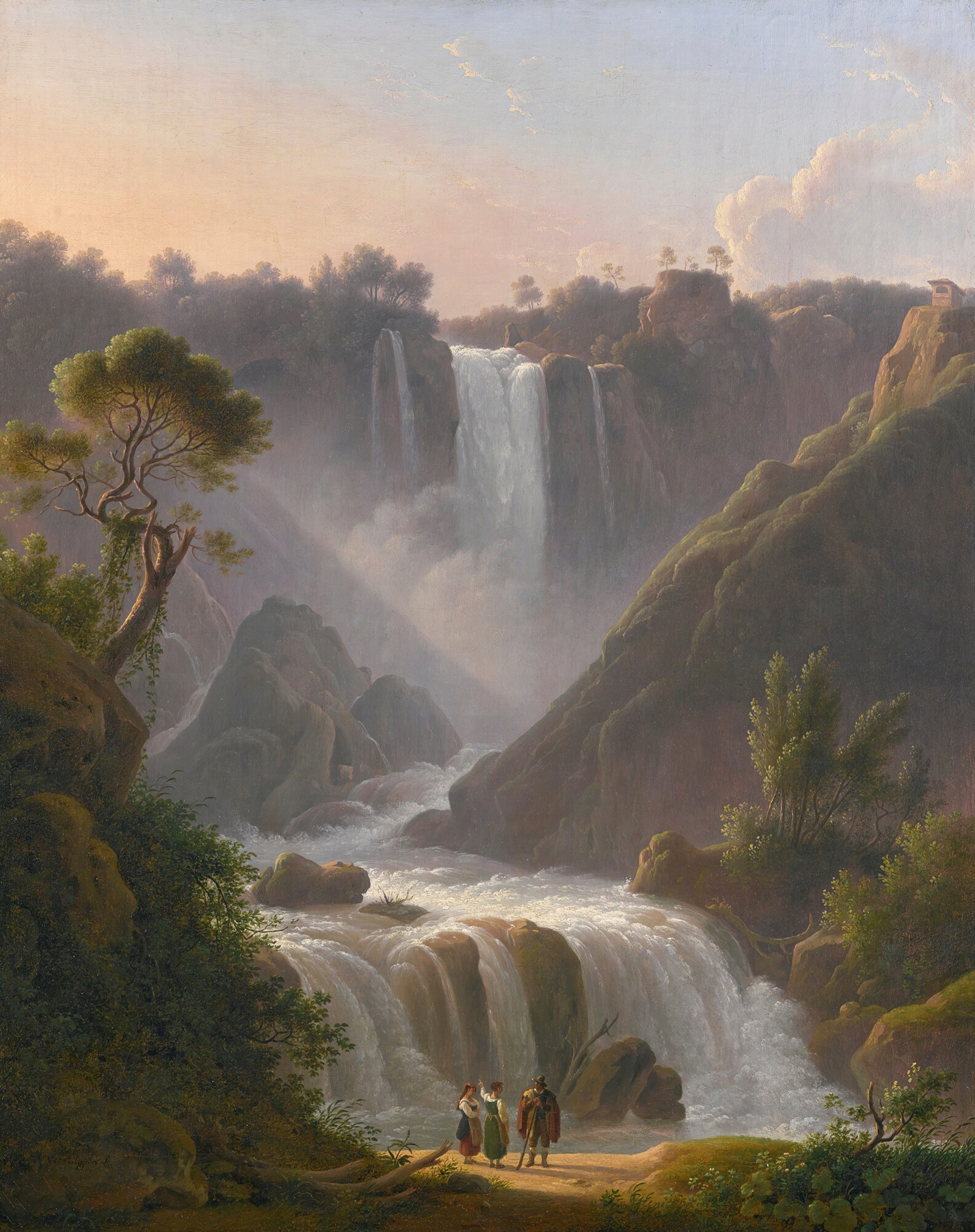 A view of the waterfalls at Terni with figures in the foreground, oil on canvas by Martin Verstappen.