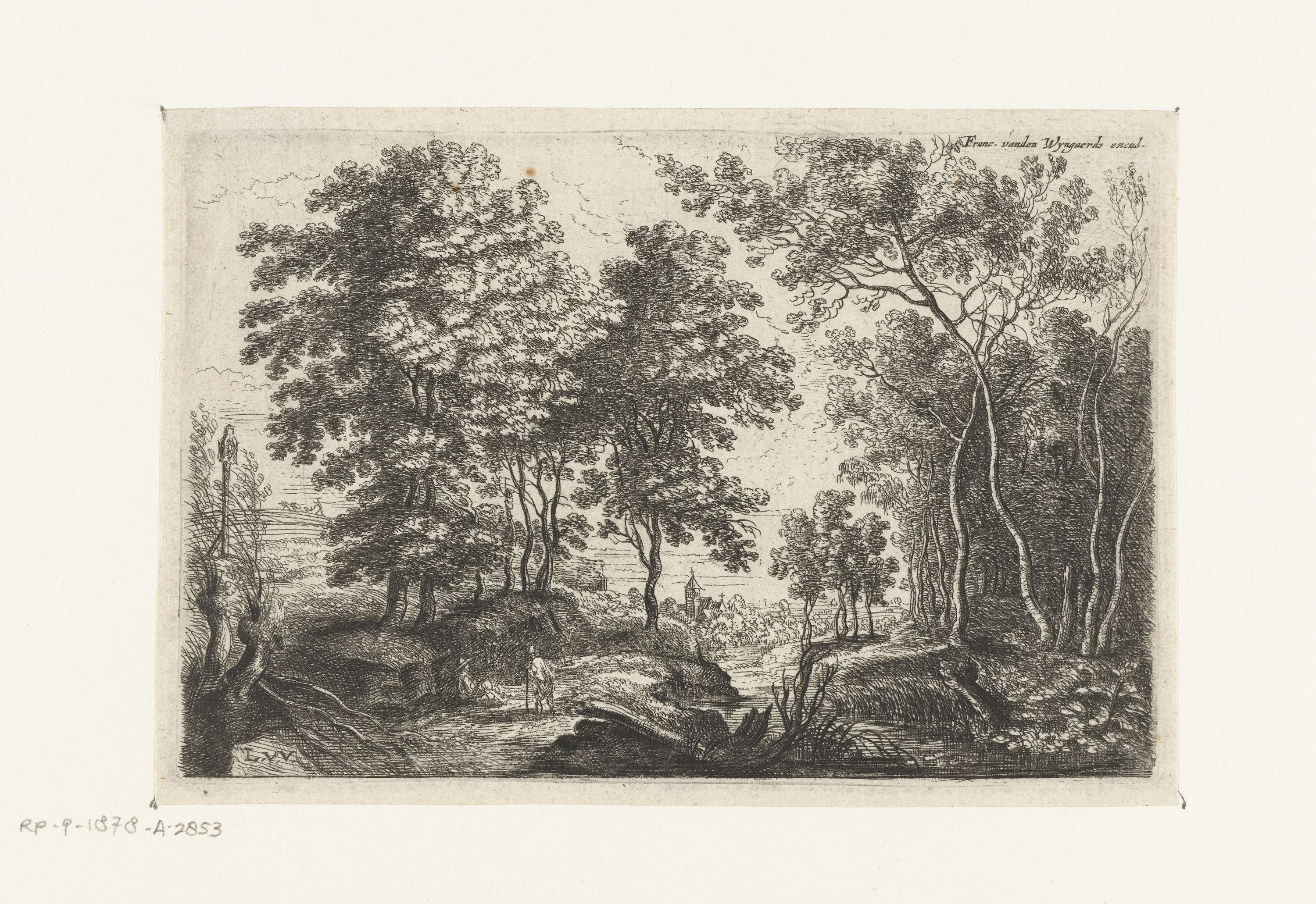 Landschap met een beek door een bos by Lucas van Uden, etching depicting a tranquil forest landscape with a brook.