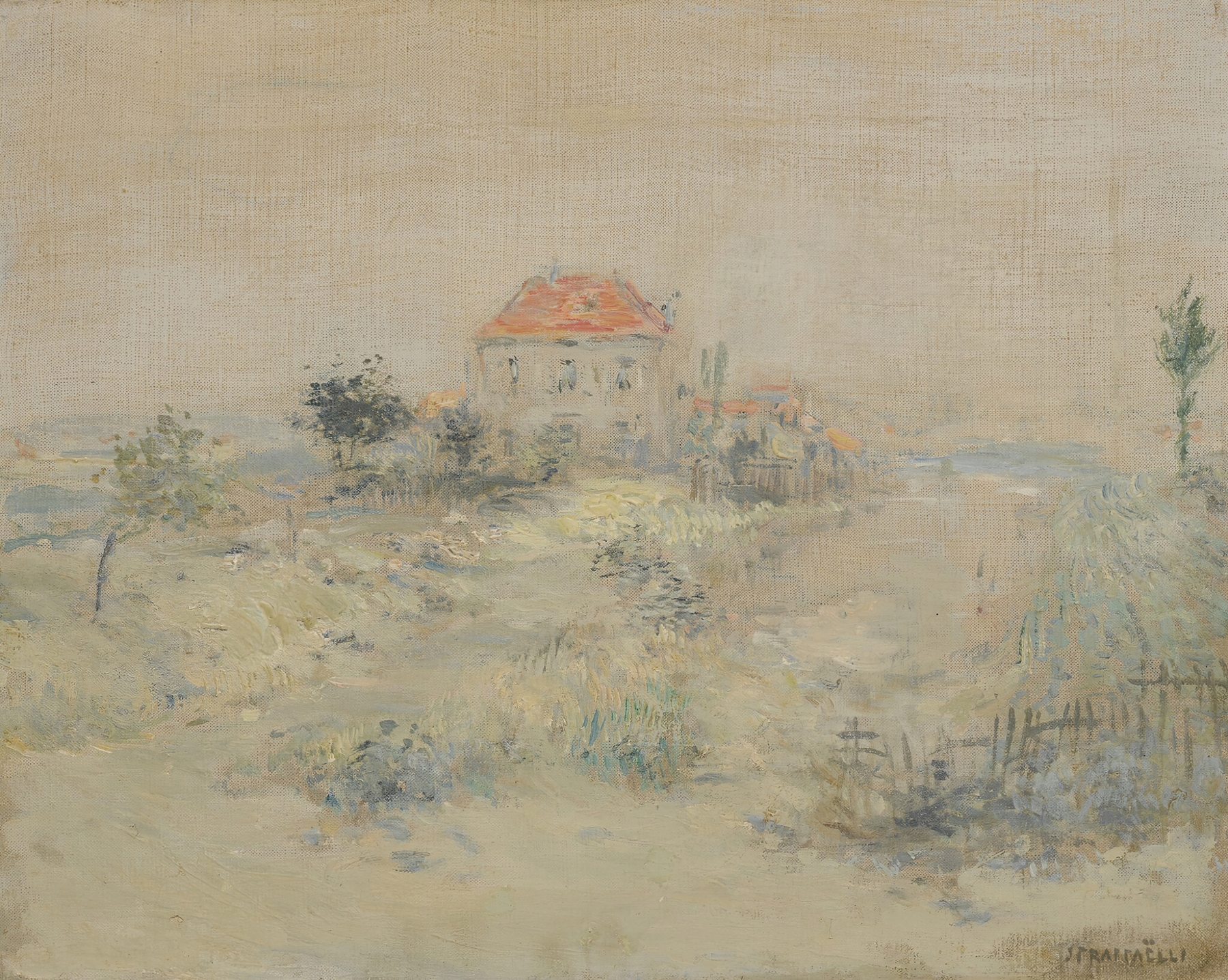 La villa – Environs de Paris by Jean François Raffaëlli, oil on canvas, depicting a villa with lush foliage.