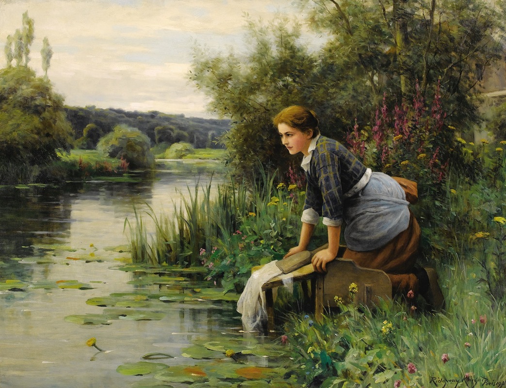 A laundress stands by the water's edge, immersed in her work.