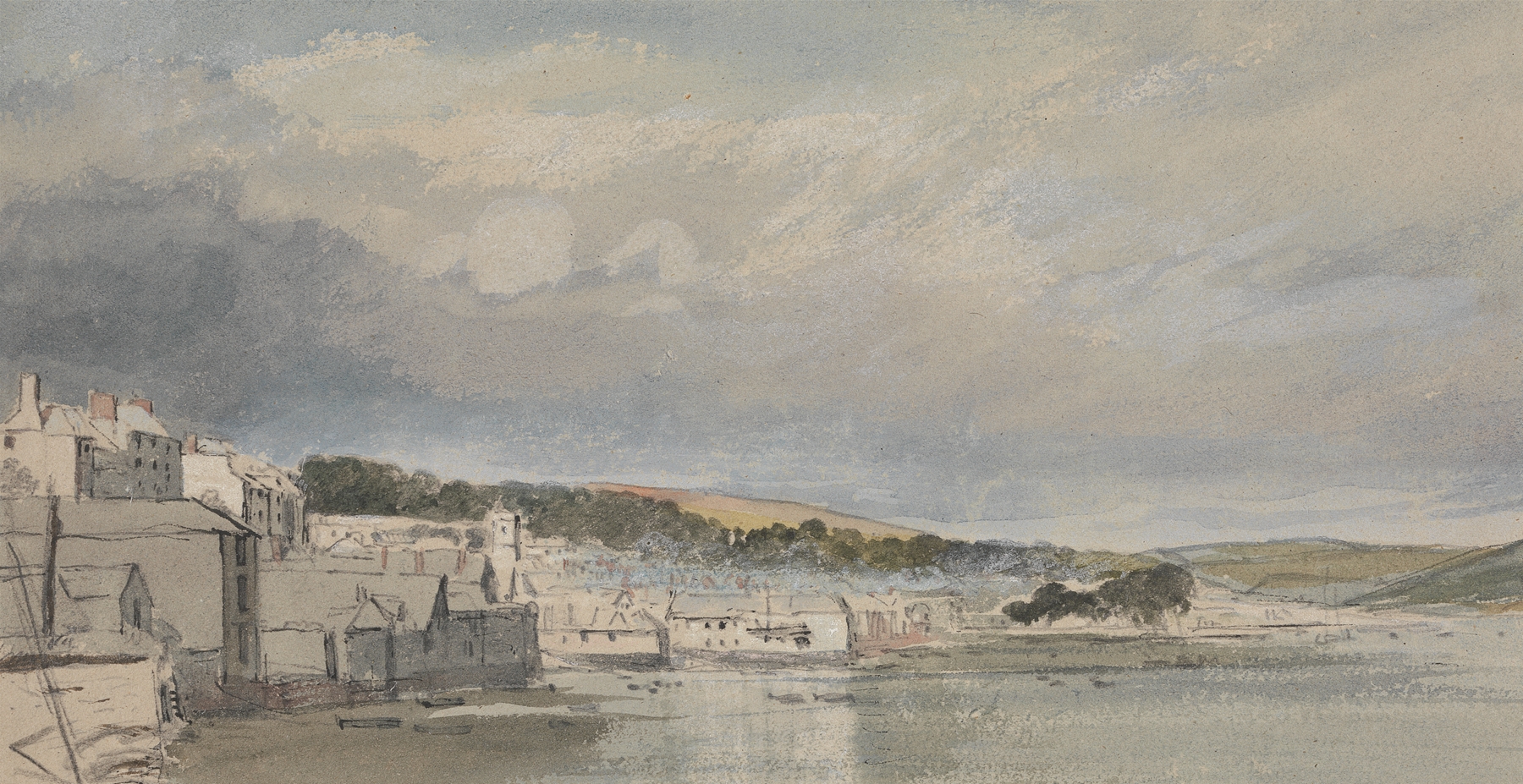 Landscape of Dartmouth by William Collins, oil on canvas, featuring a river and misty horizon.