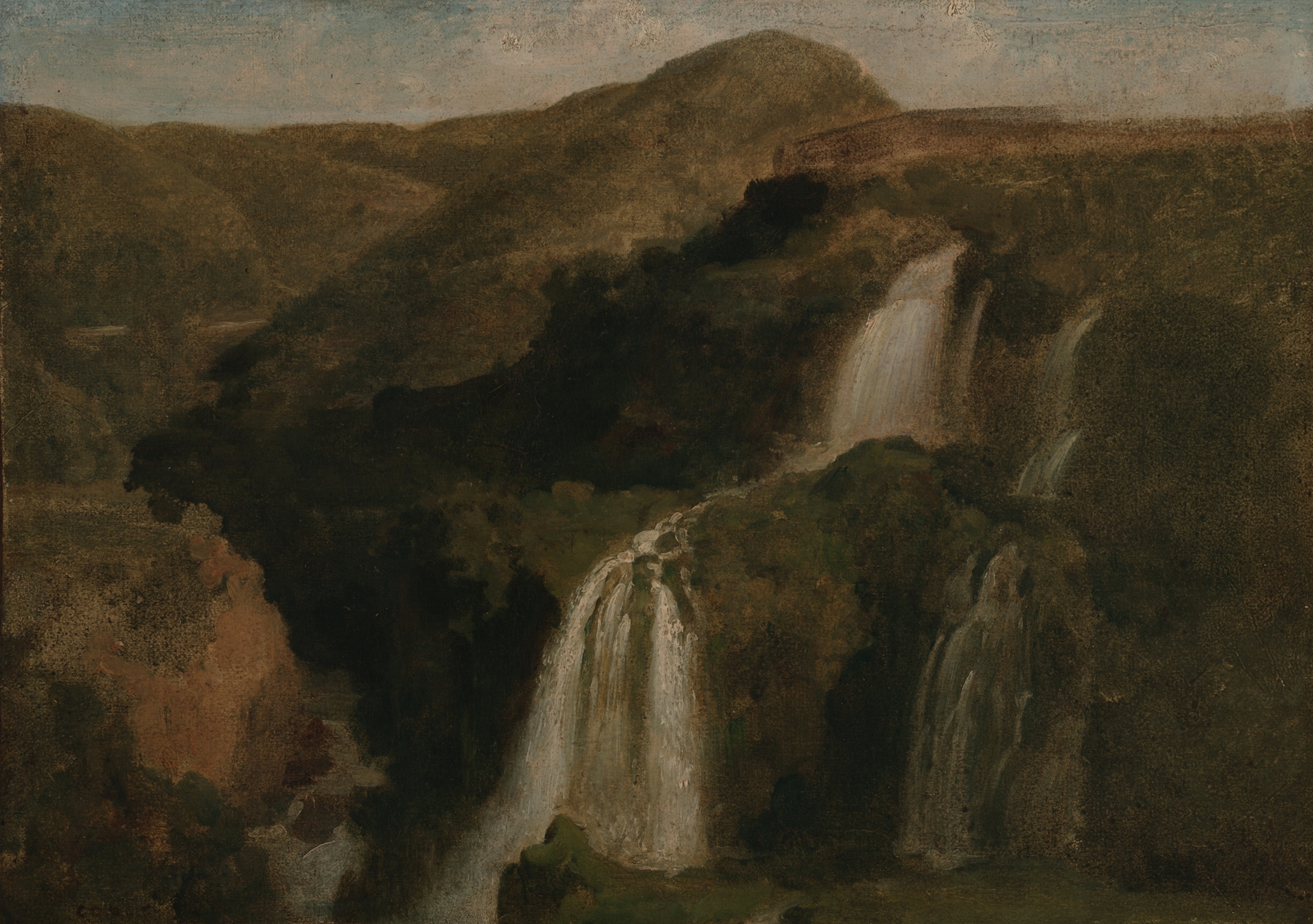 Falls of Tivoli by Jean-Baptiste-Camille Corot, oil painting depicting a waterfall and river.