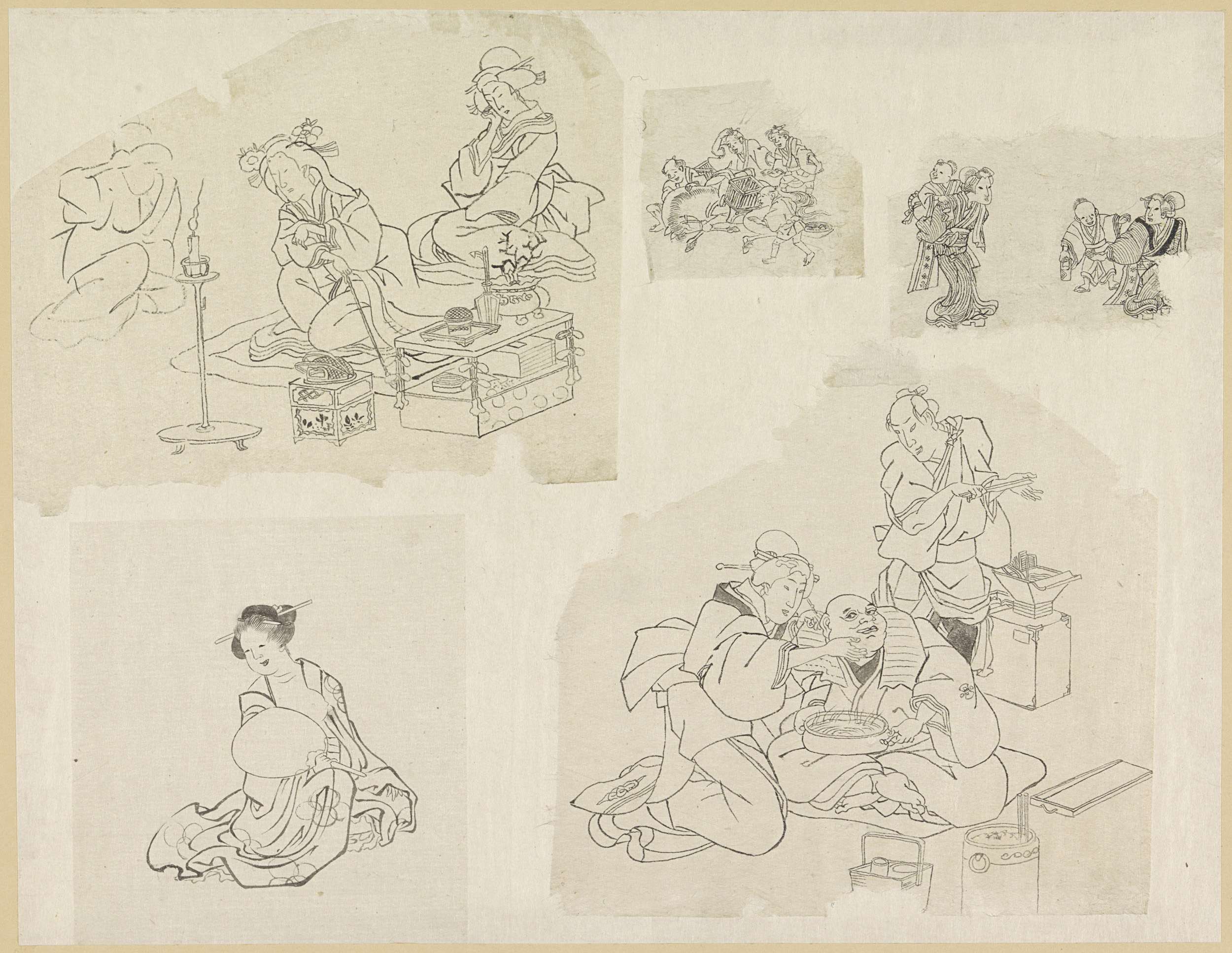 Vijf voorstellingen van mensen in verschillende situaties, by Katsushika Hokusai, public domain